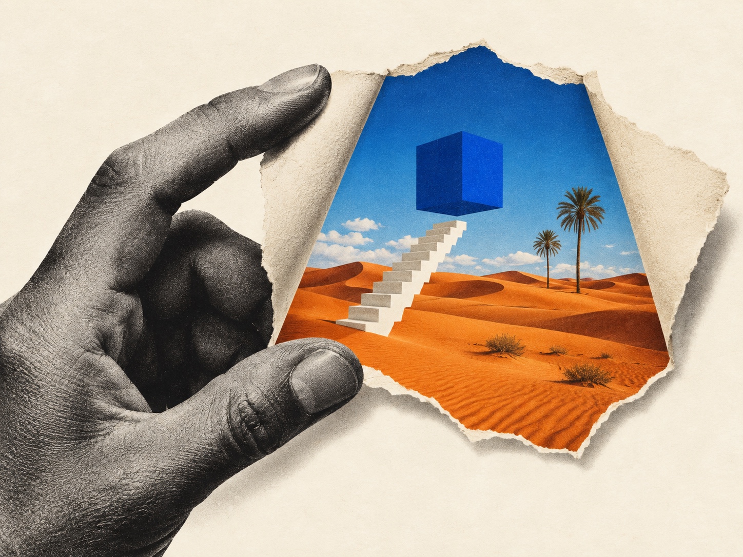A monochrome hand holds a torn paper window onto an orange desert, white staircase and floating cobalt cube.