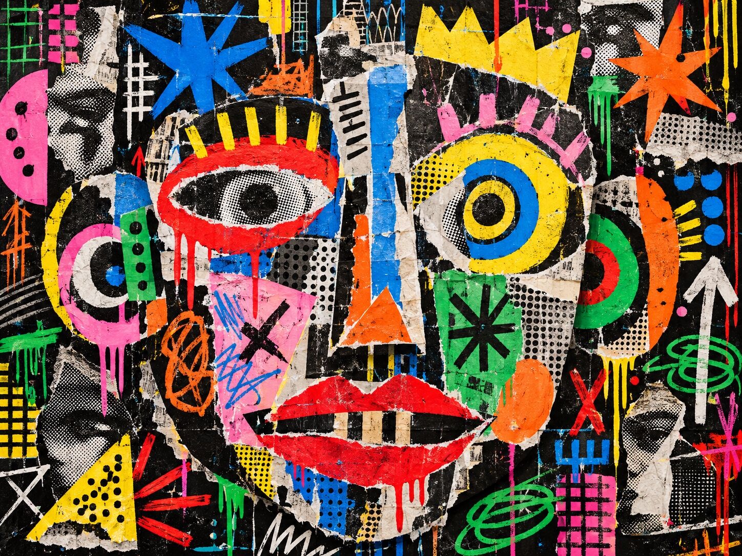 A dense black paste-up of painted eyes, lips, stars, grids and vivid torn-paper marks.