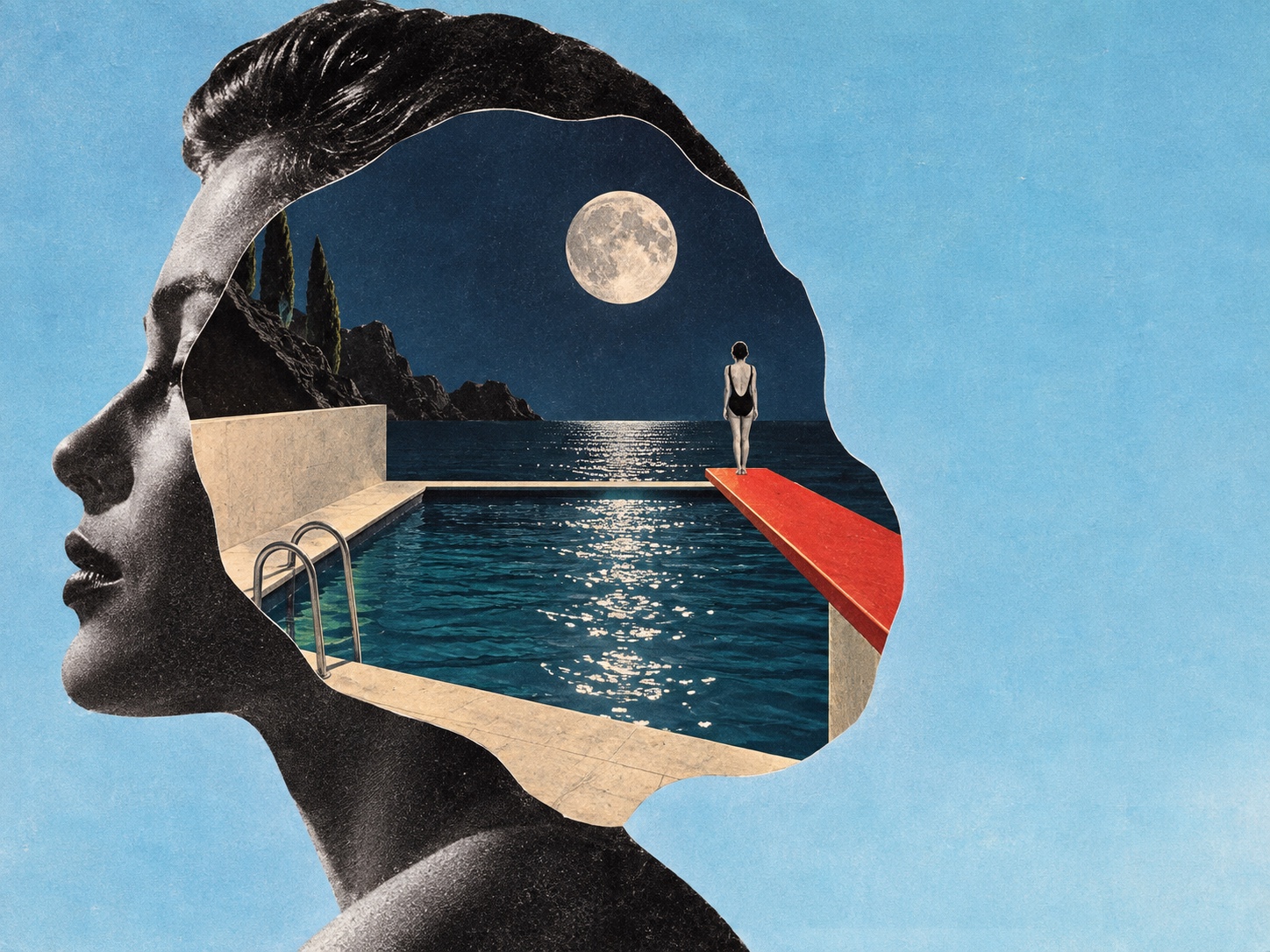 A cut-out profile opens onto a moonlit swimming pool and a red diving board at the sea.