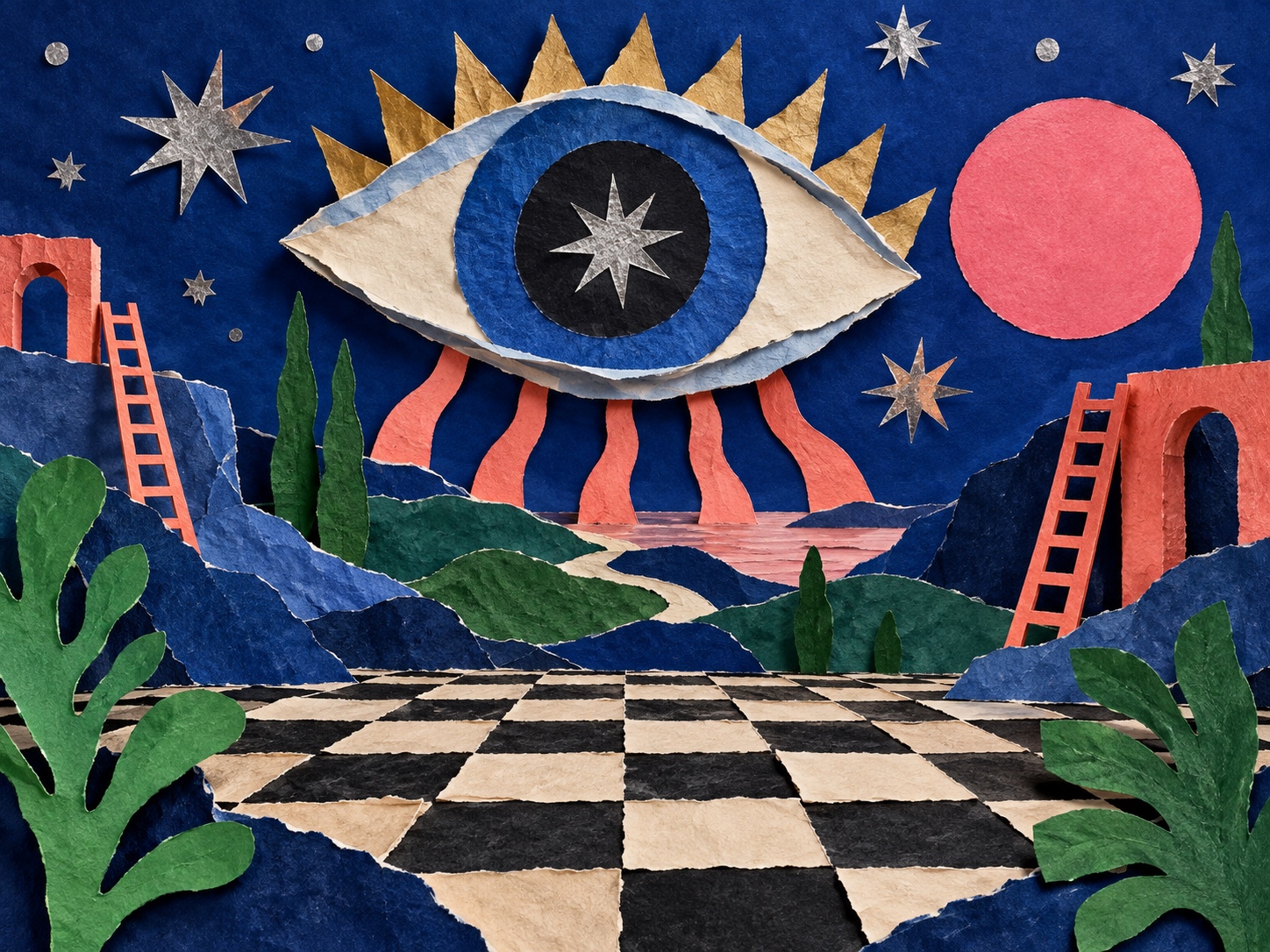 A torn-paper landscape of ladders, arches and a checkerboard floor under a cut-paper eye.
