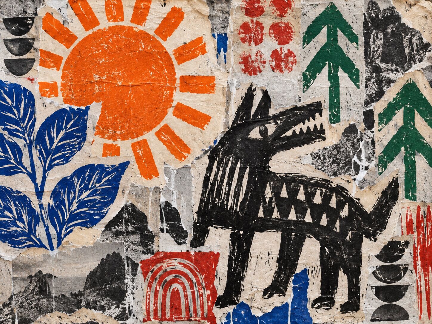 A hand-printed black creature, orange sun and blue leaves layered on torn, weathered paper.