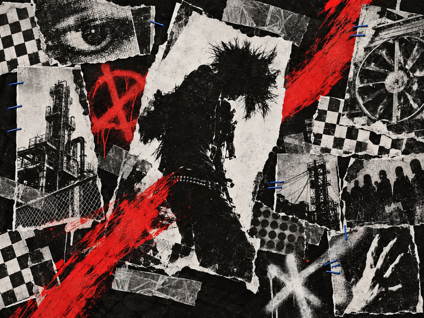 Photocopied fragments, red spray and torn newsprint pinned into a punk paste-up.