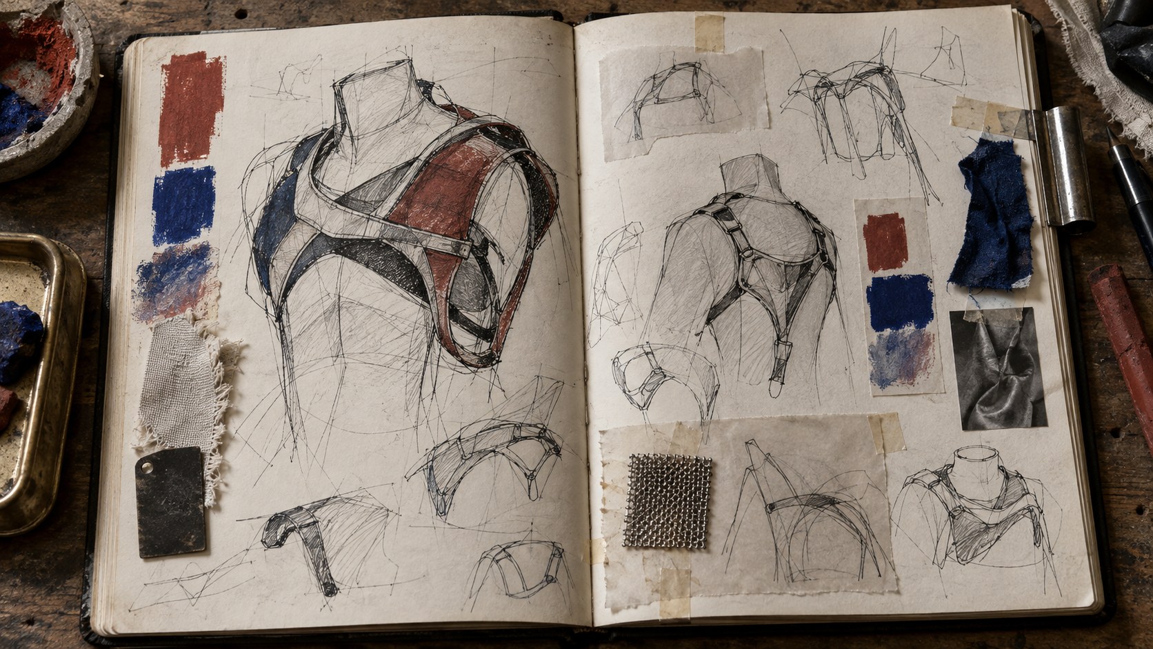 A sketchbook spread of a harnessed jacket drawn over a dress form, with taped fabric swatches in navy, red and grey.