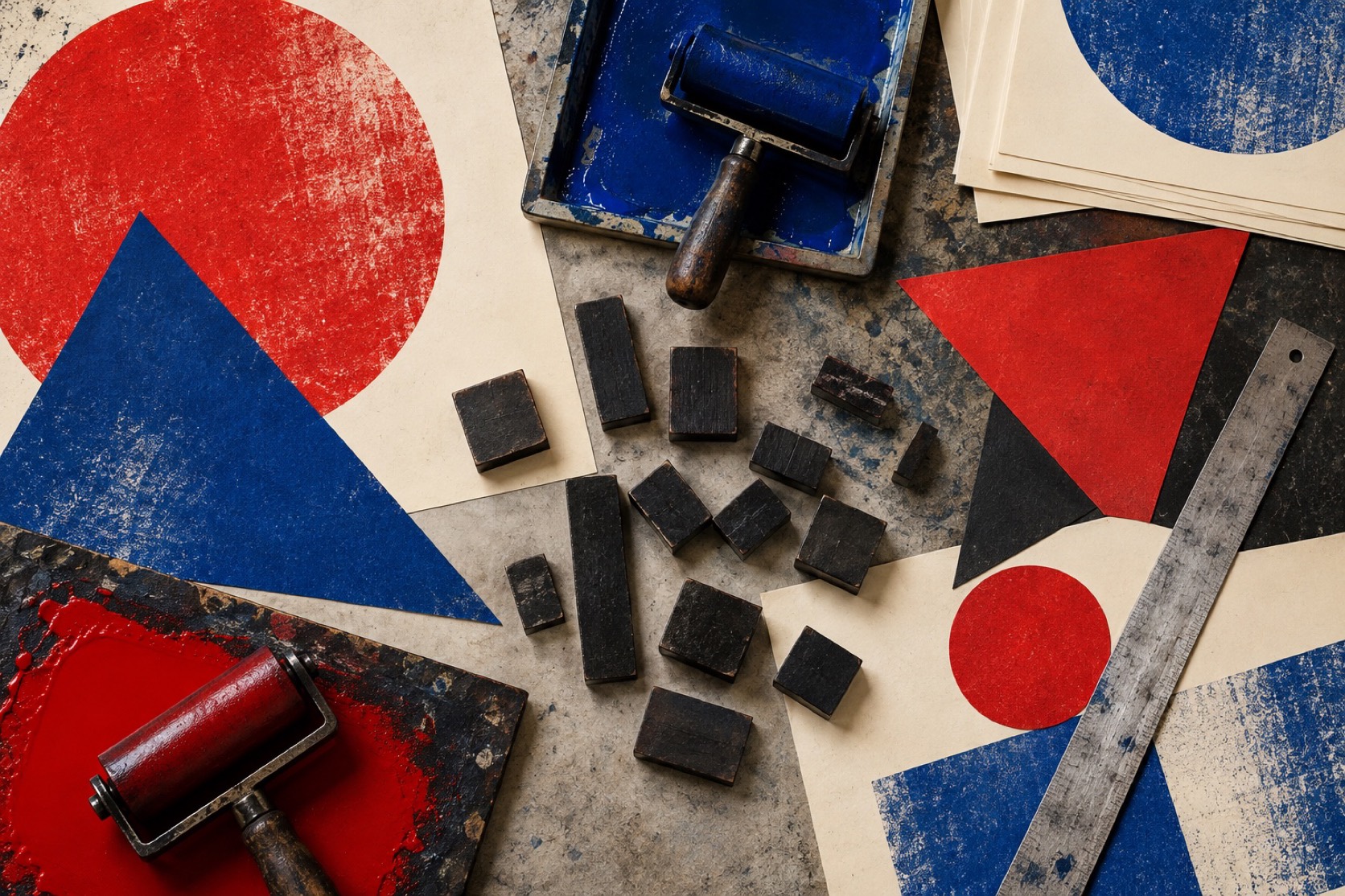 Constructivism aesthetic: Print studio dossier scene