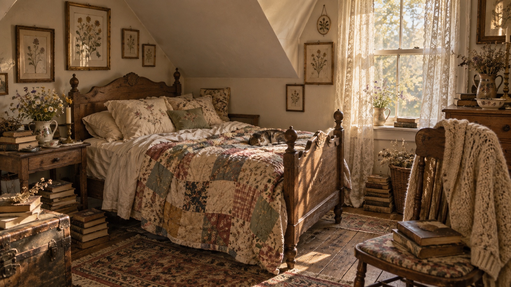 A warm attic bedroom with a patchwork quilt, pressed-flower art and old books.