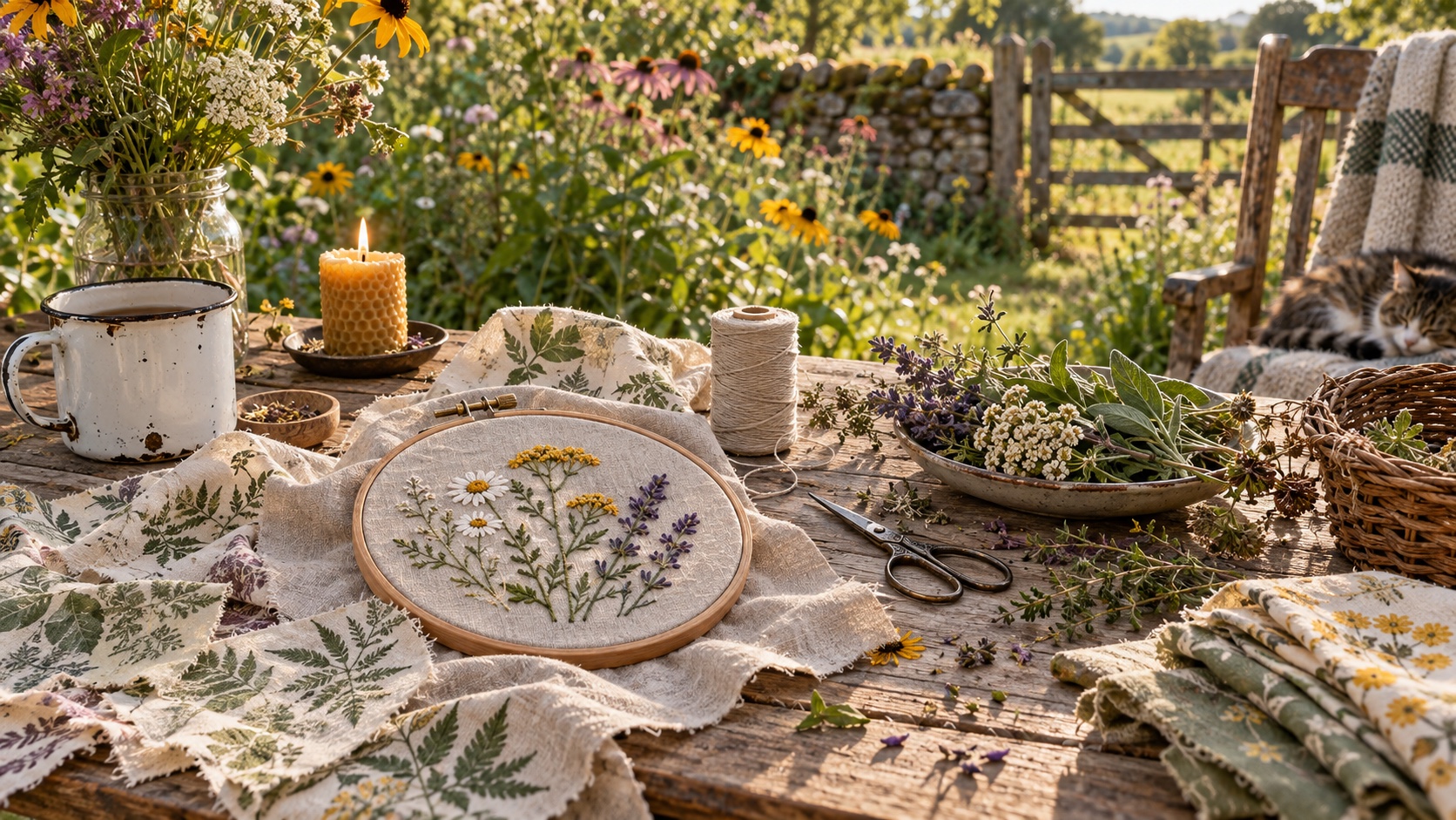 An embroidery and foraging project laid across a weathered garden worktable.