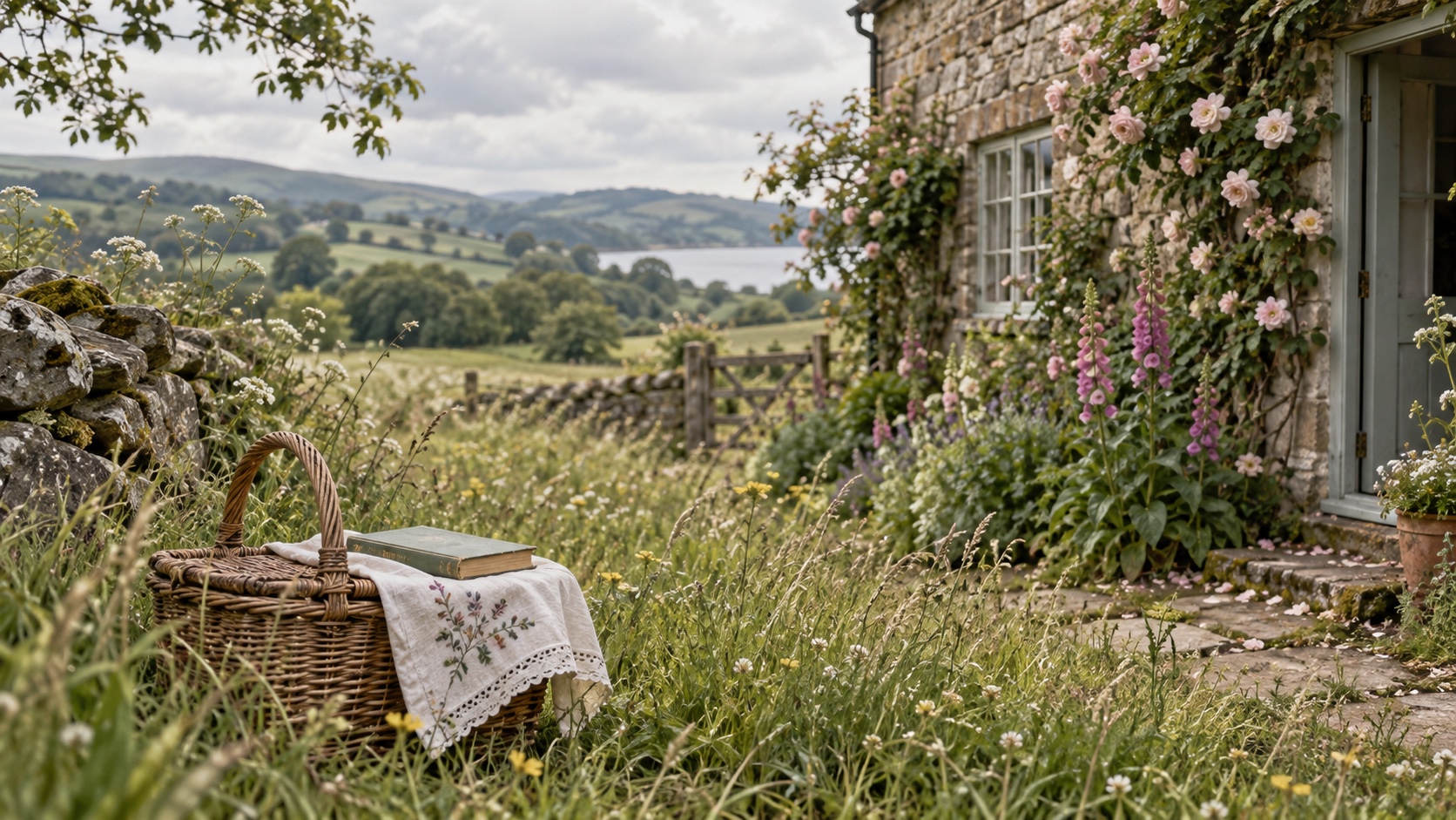 A rose-covered stone cottage beside a meadow, with a picnic basket and embroidered linen.