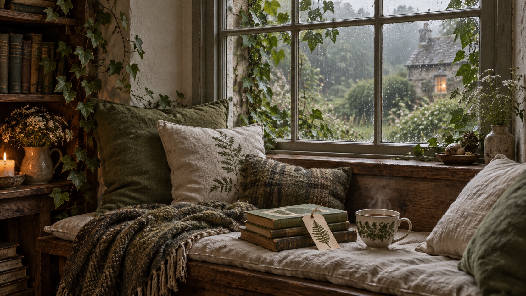 A rain-lit cottage window seat with tea, old nature books and botanical cushions.