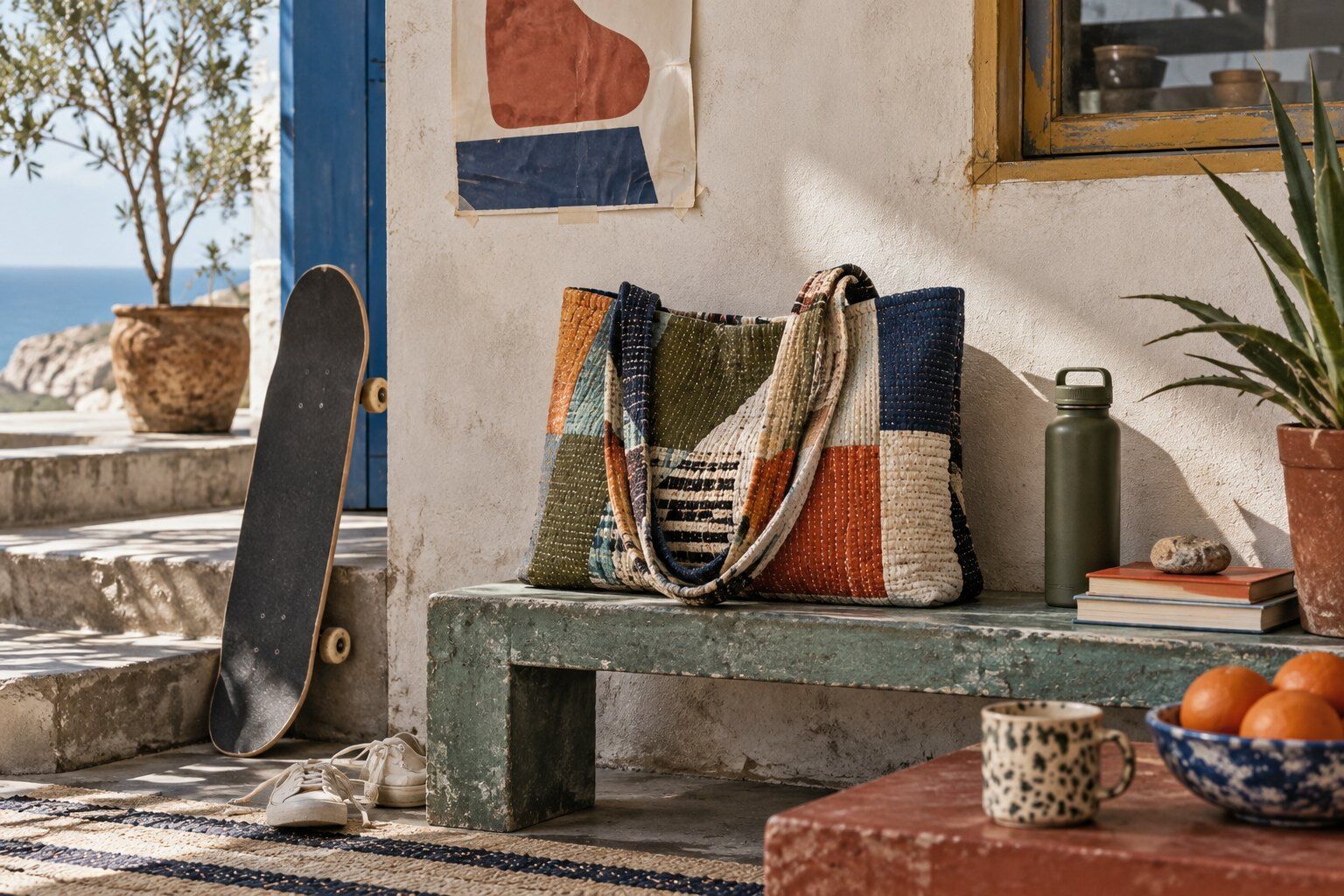 A quilted patchwork tote in olive, navy, orange and cream on a concrete bench against a limewashed wall, a skateboard, a speckled mug and a bowl of oranges nearby.