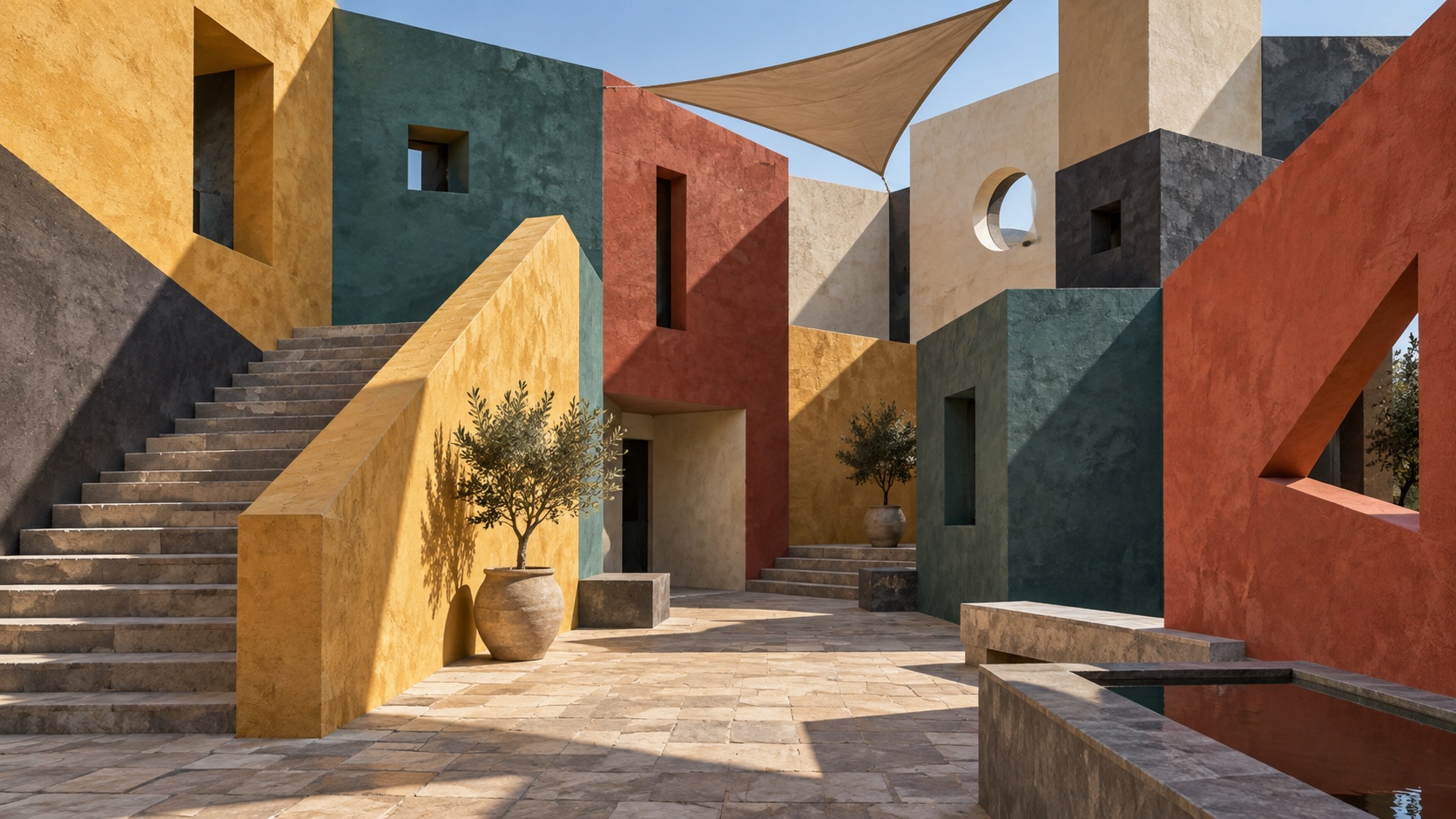 A courtyard of stacked ochre, slate and rust volumes with a stair, window cutouts and an olive tree.