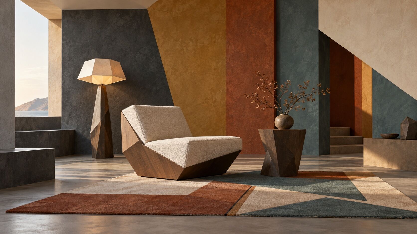 A living room of angular chairs, a faceted lamp and a rug of triangles, walls split into ochre, slate and rust planes.