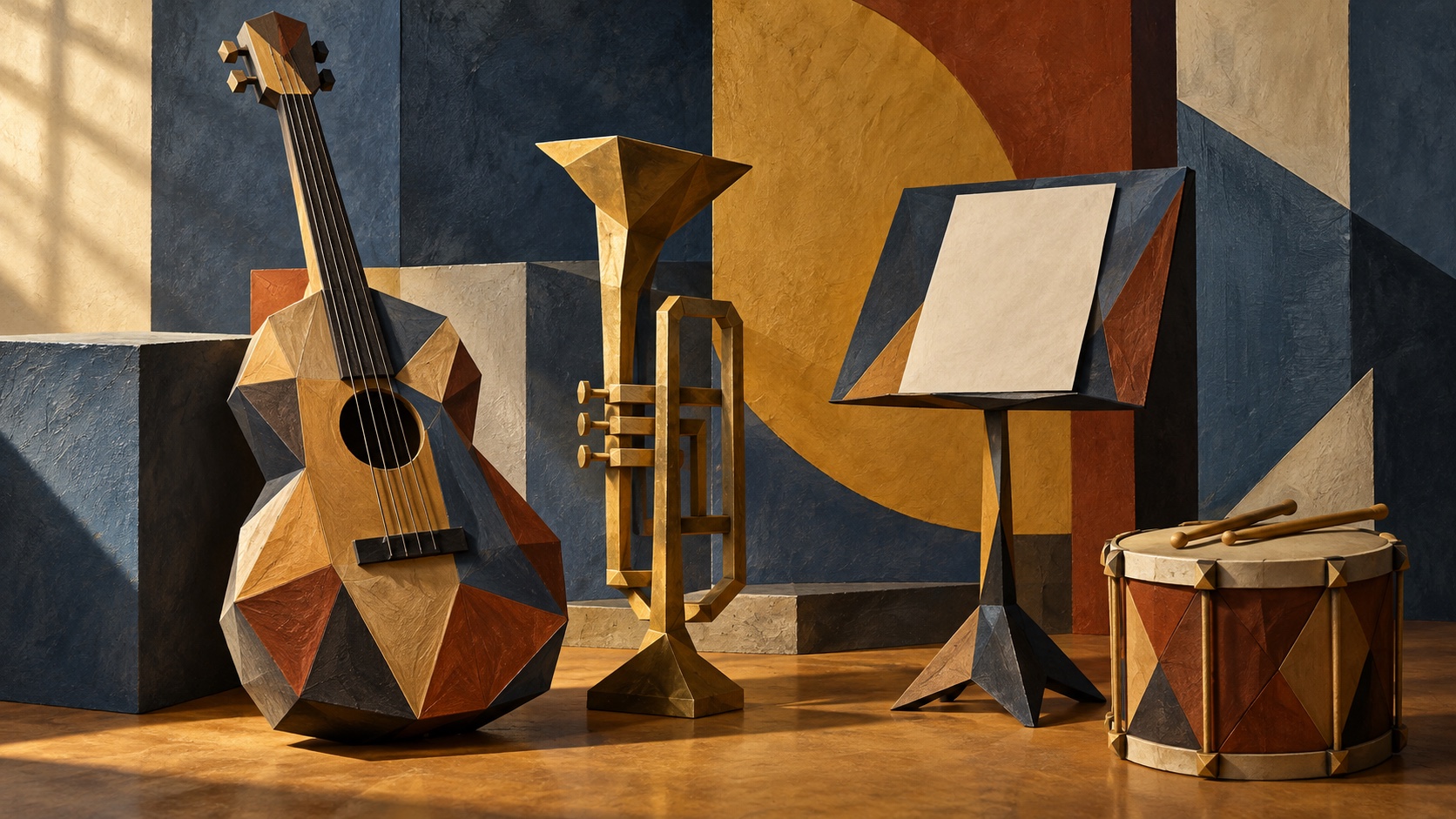 A guitar, trumpet, drum and music stand rendered as faceted planes in front of flat coloured blocks.