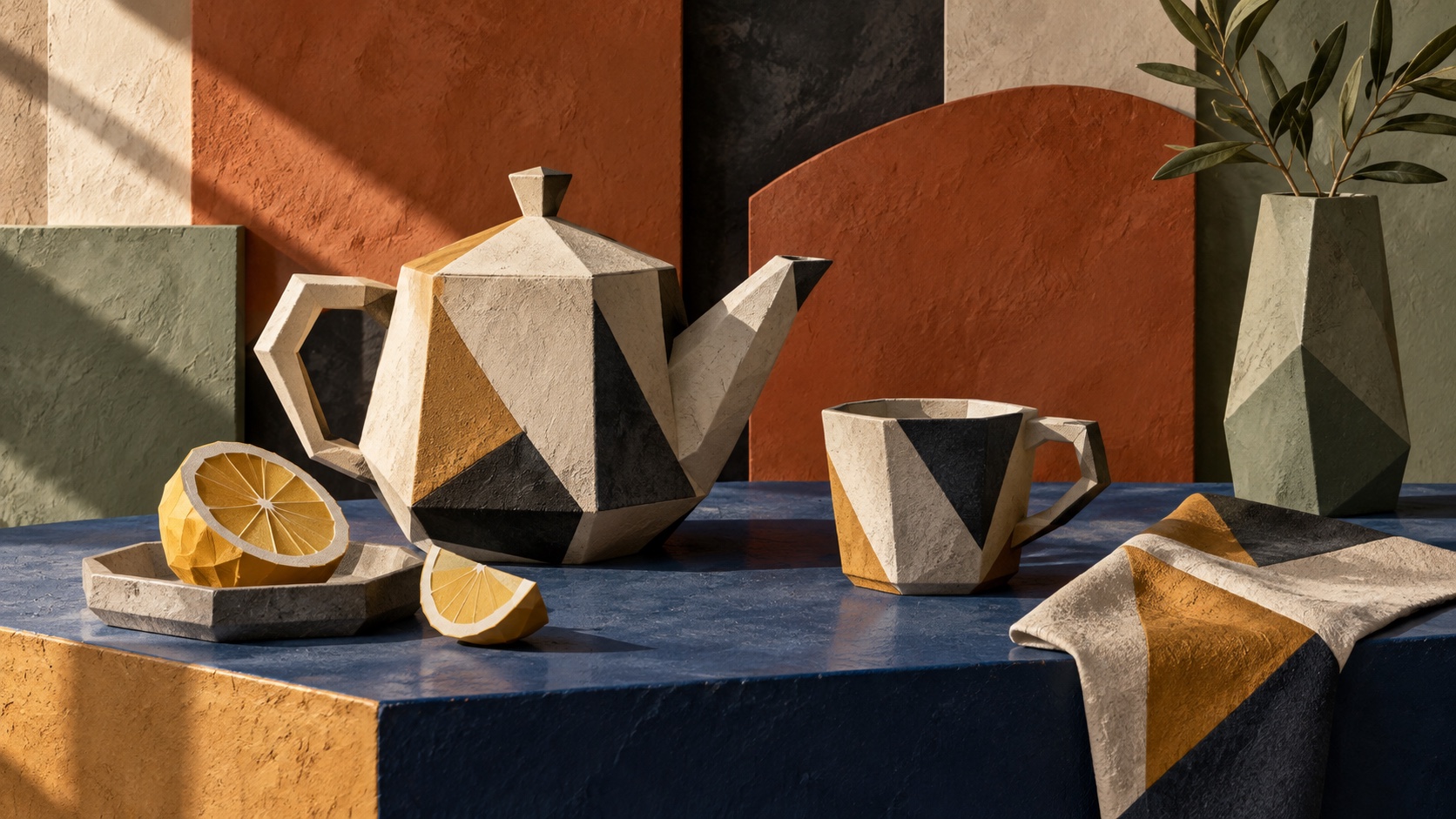 A faceted teapot, cups and cut lemons on a patterned cloth, each object built from flat angled planes.