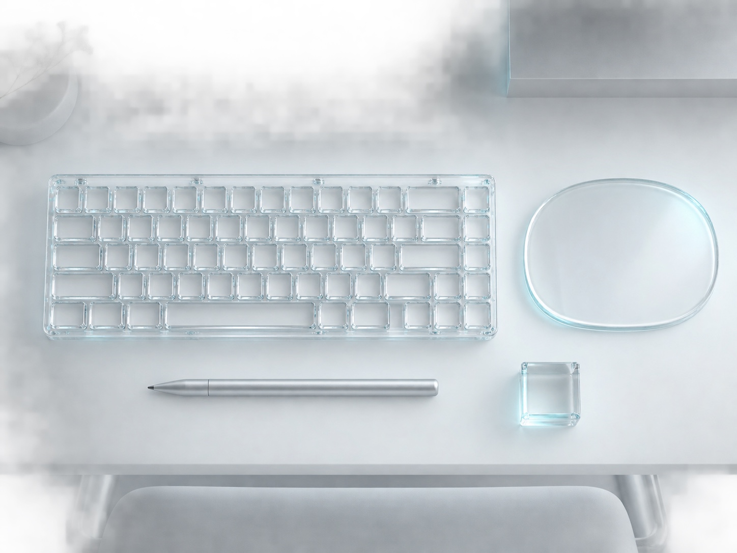 A clear low-profile keyboard, glass trackpad, stylus and data block form a precise cyber-minimal desk.