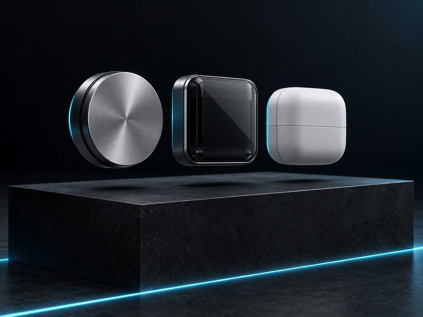 Three aluminum, smoked-glass and white composite modules hover over a dark plinth edged in cyan light.