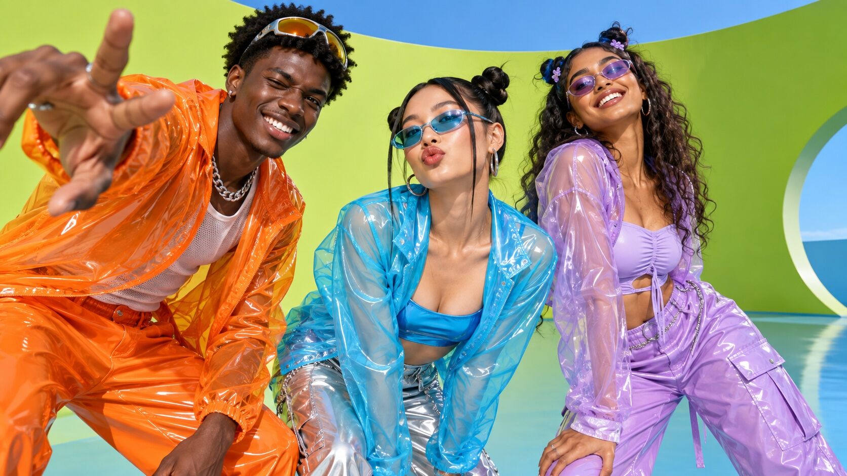 Three friends in glossy cyan, orange and lilac Cyberpop fashion against a graphic studio set.