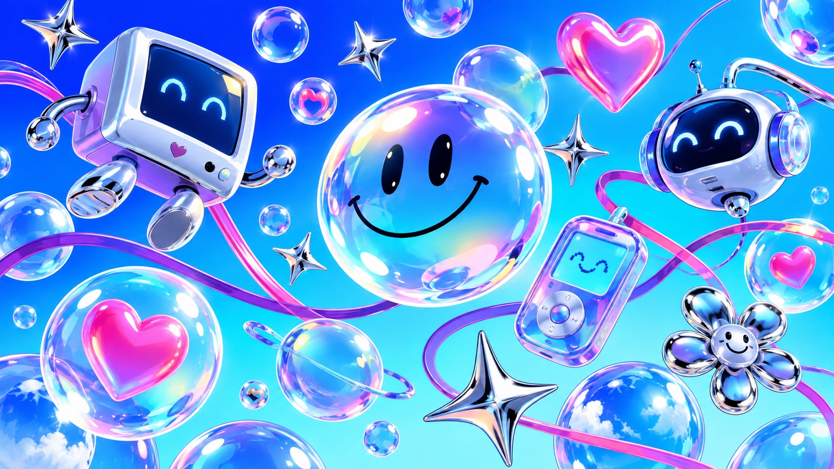 A cheerful Cyberpop graphic world of chrome stars, translucent bubbles and toy-like gadgets.