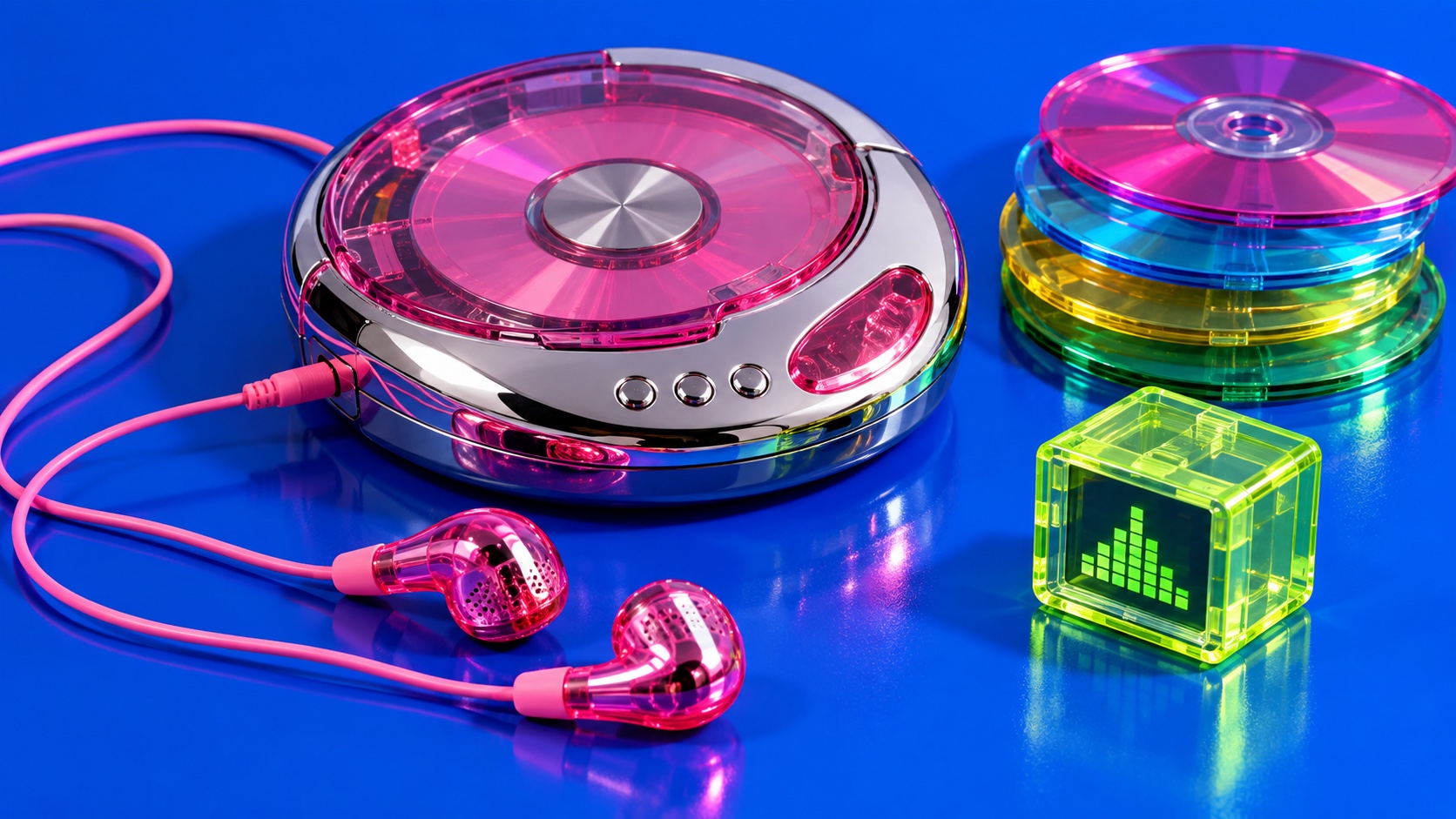 Chrome and translucent-pink portable music objects with candy-colored discs.