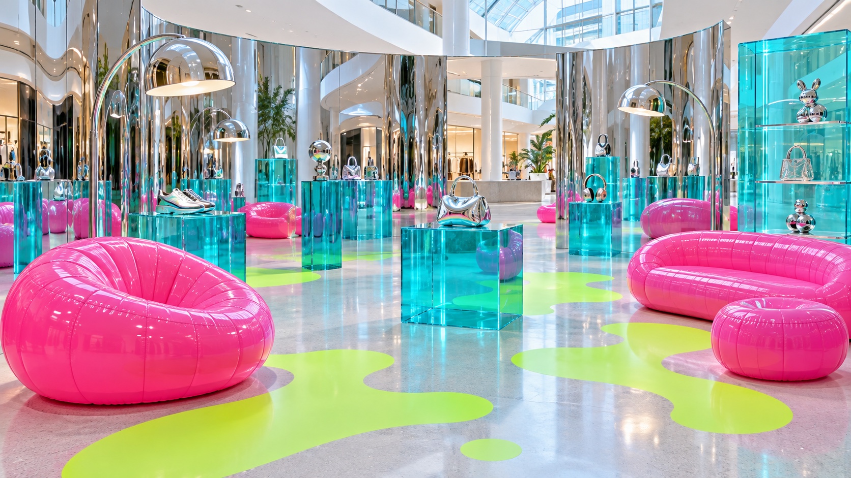 A playful pop-up retail interior with mirror walls, cyan displays and hot-pink inflatable seating.