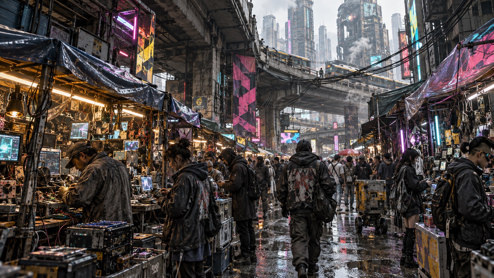 A crowded covered market of stalls and screens, people in hoods and jackets under tarps and neon.
