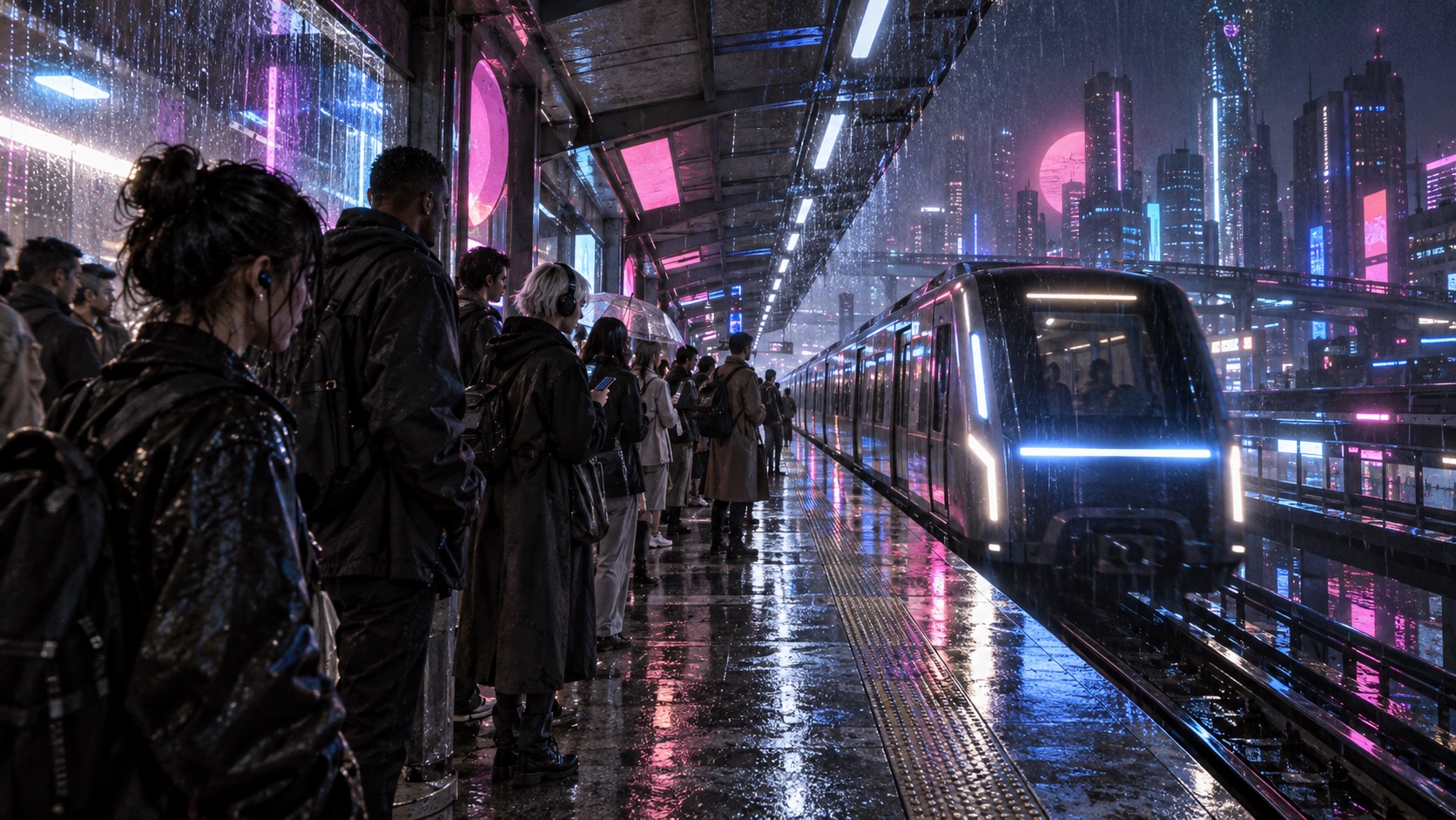 Commuters in dark jackets wait on a neon-lit platform as a train pulls in through the rain.