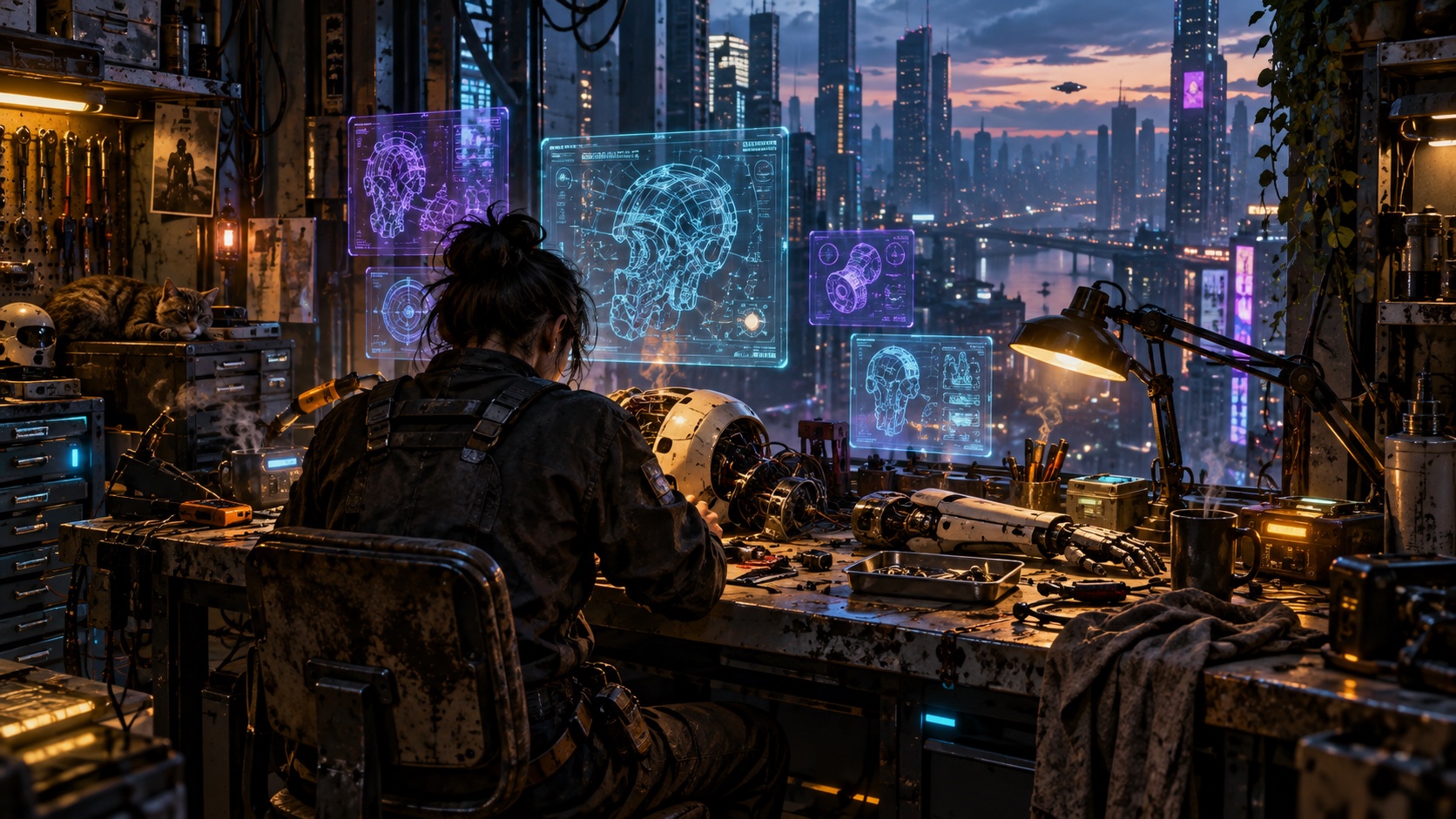 A figure hunched over a cluttered bench of circuitry and screens, the city glowing through the window behind.