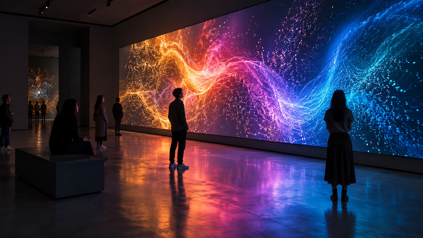 Visitors in silhouette before a wall-sized screen of flowing orange, violet and blue particles in a dark gallery.