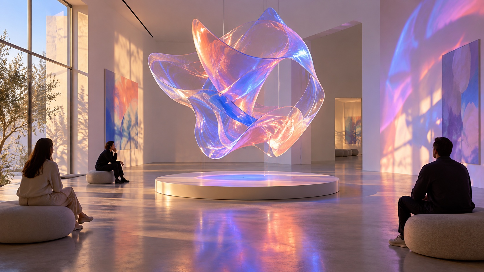 A translucent iridescent form floating over a glowing plinth in a white gallery, visitors seated around it.