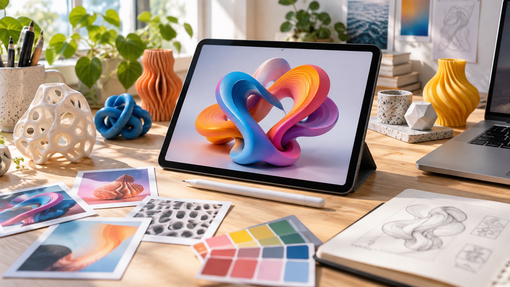 A tablet showing a glossy 3D knot beside printed renders, colour swatches and 3D-printed forms on a desk.
