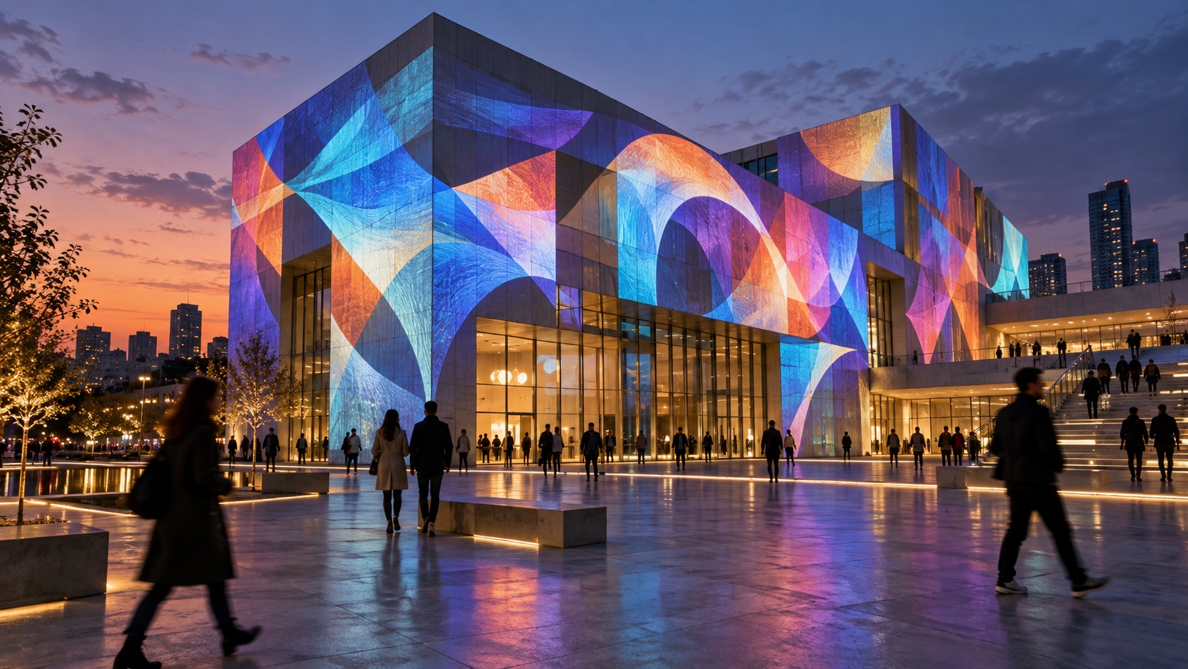 A building facade covered in projected geometric colour at dusk, people crossing the plaza in front.