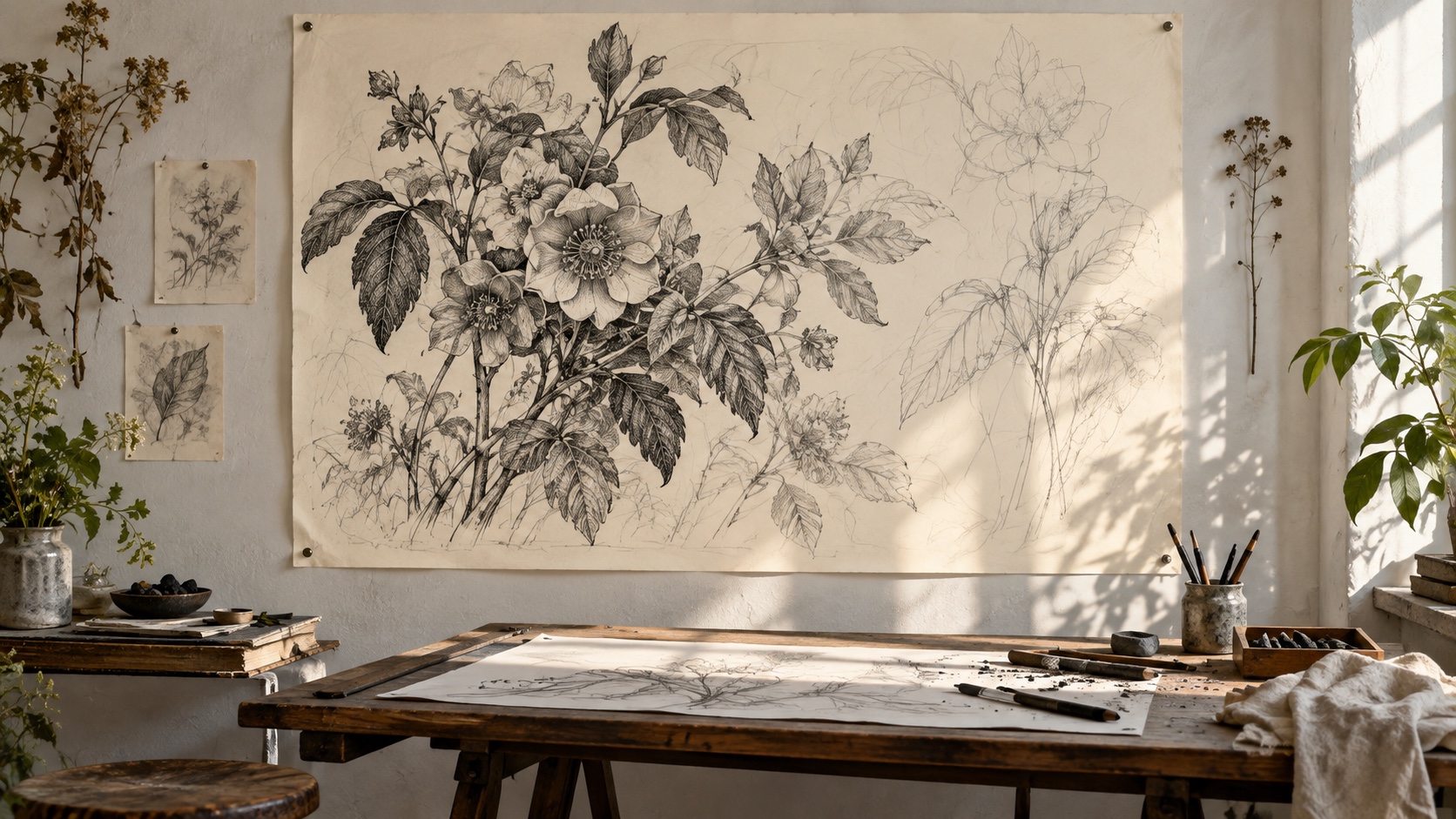 A large ink drawing of flowering branches pinned above a studio desk of pens, brushes and loose studies.