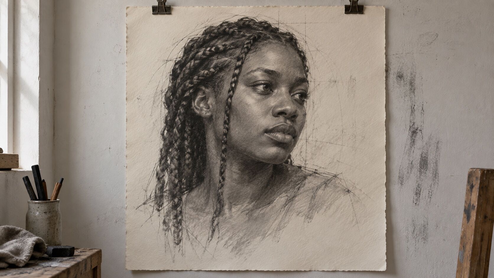 A charcoal portrait of a young woman with braids, pinned to a studio wall beside pencils and smudged test marks.