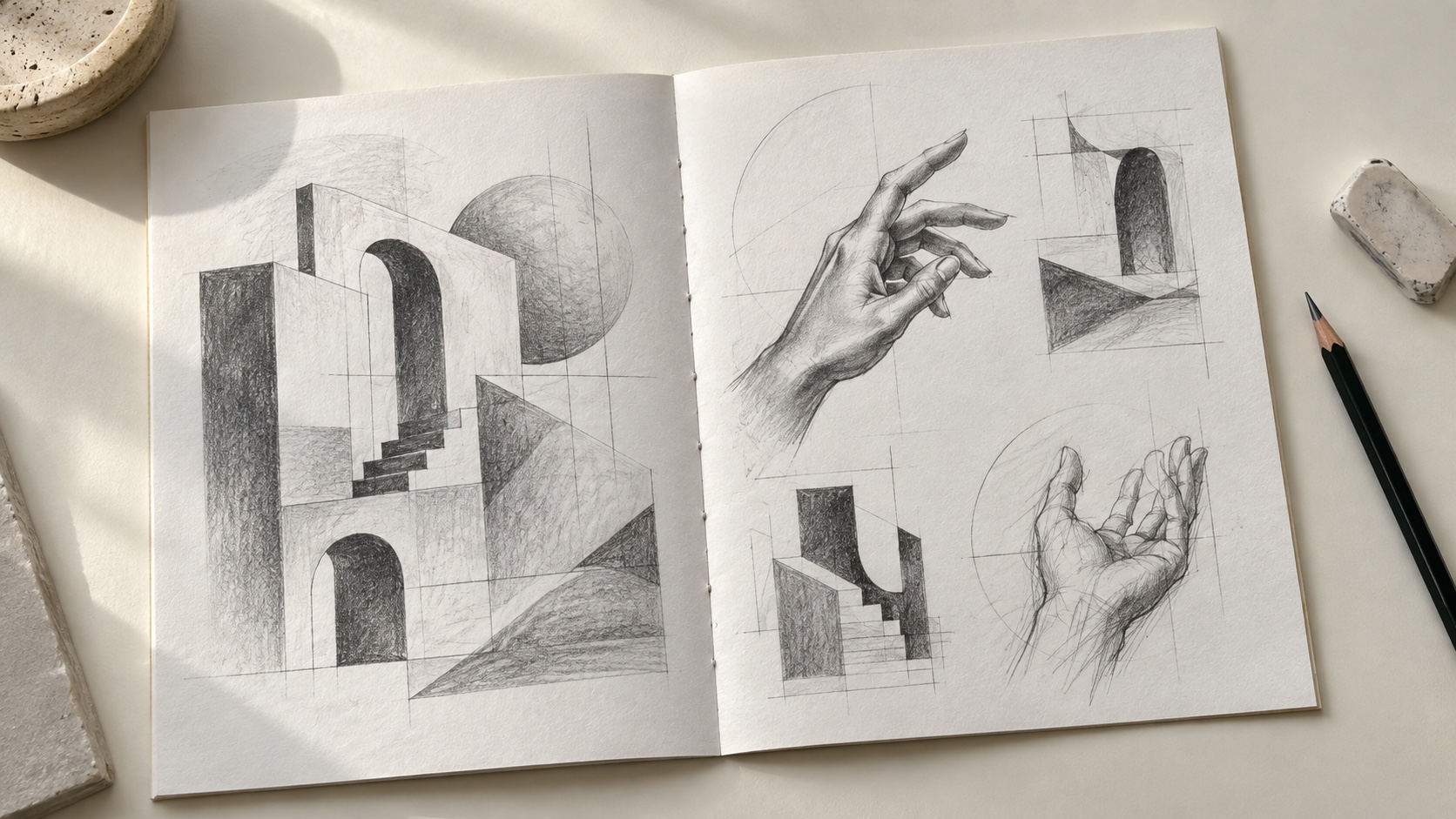 An open sketchbook of pencil studies: architectural arches on one page and drawn hands on the other.