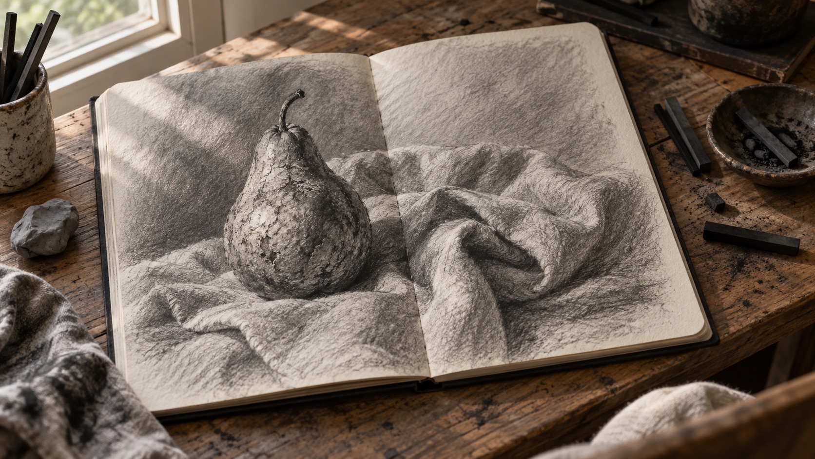 A graphite still life of a pear on draped cloth in an open sketchbook, pencils and a kneaded eraser on a worn table.