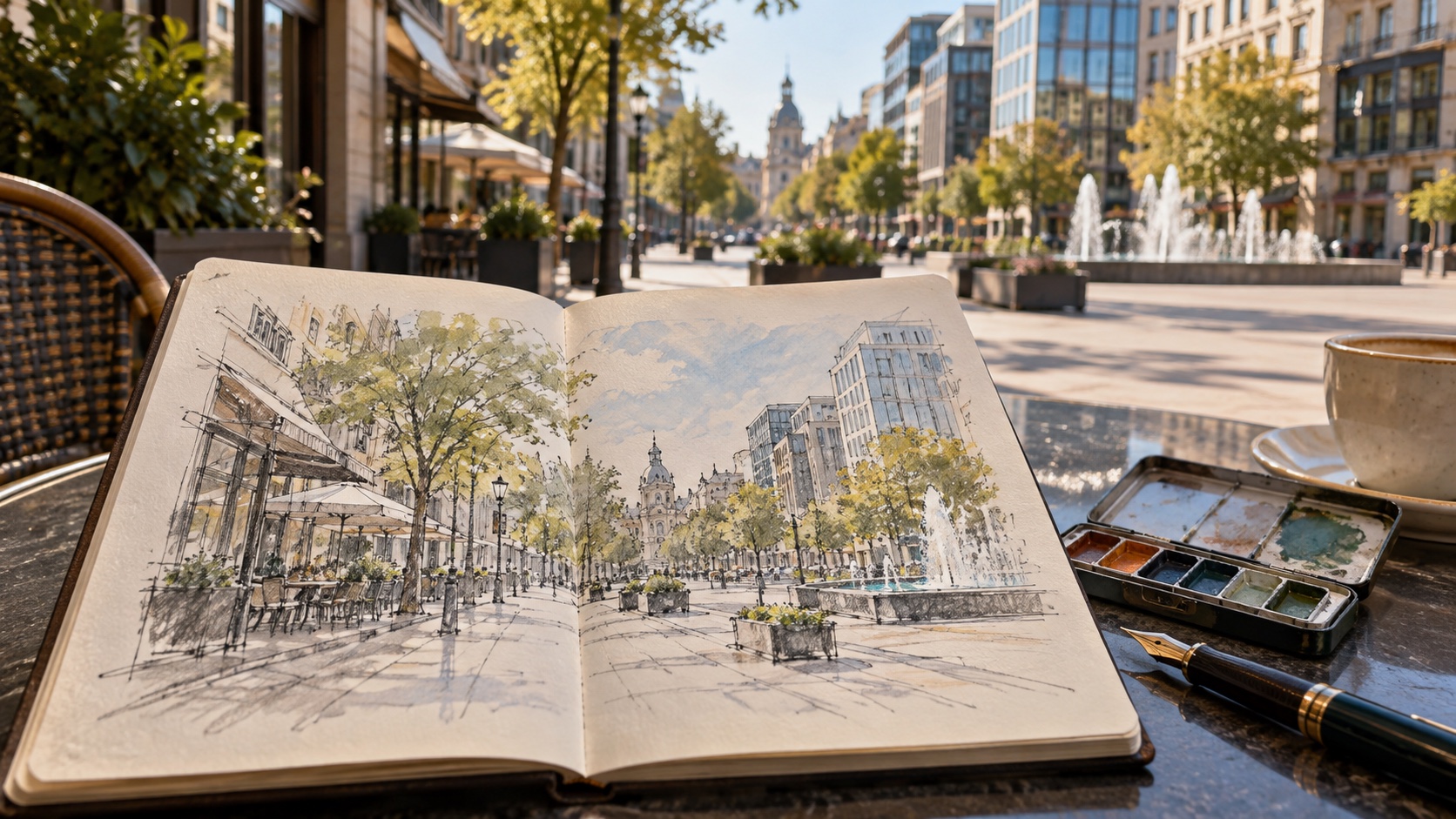 A travel sketchbook open to a pen and watercolour street scene of a tree-lined square, the real street behind it.