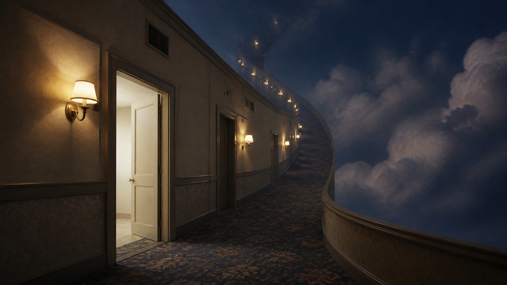 Surreal Dreamcore aesthetic: Corridor dossier scene