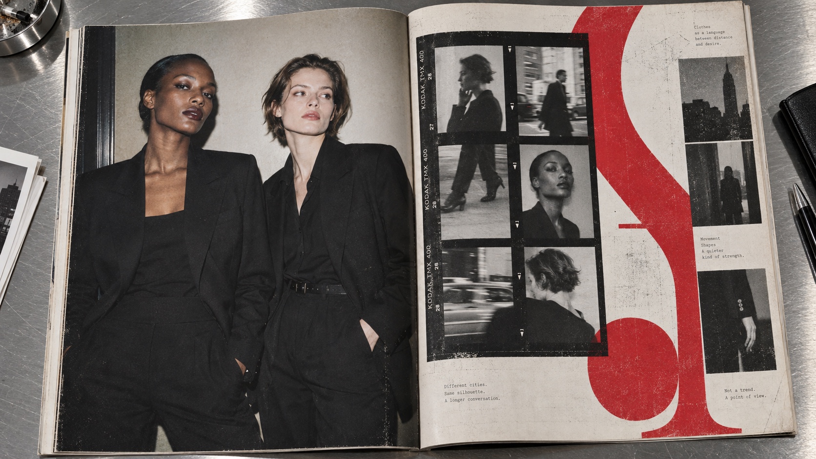 Black and white women in black tailoring anchor a printed fashion spread with contact sheets and red type.