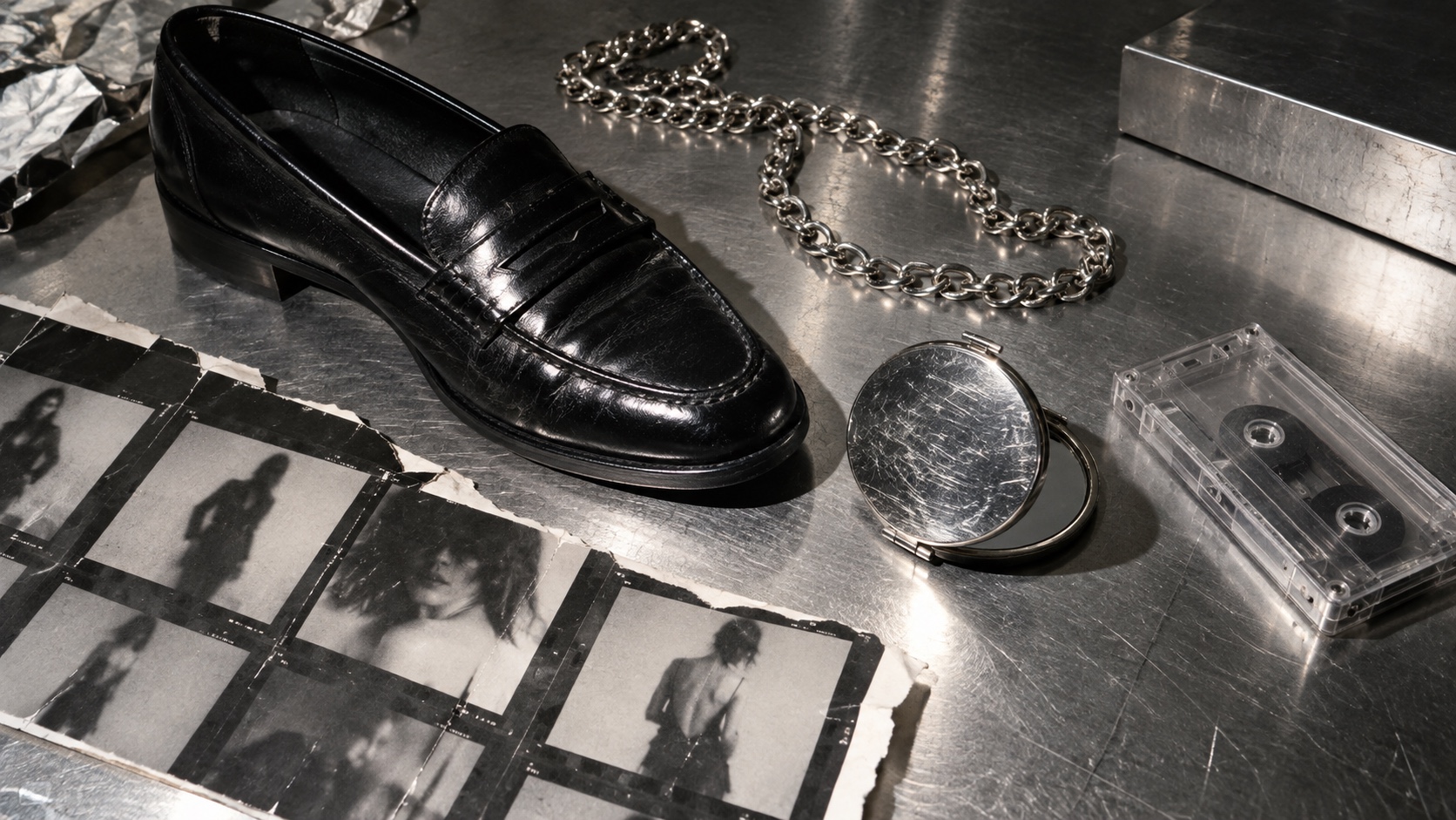 A leather loafer, compact, chain, cassette and contact sheet sit under harsh flash on steel.