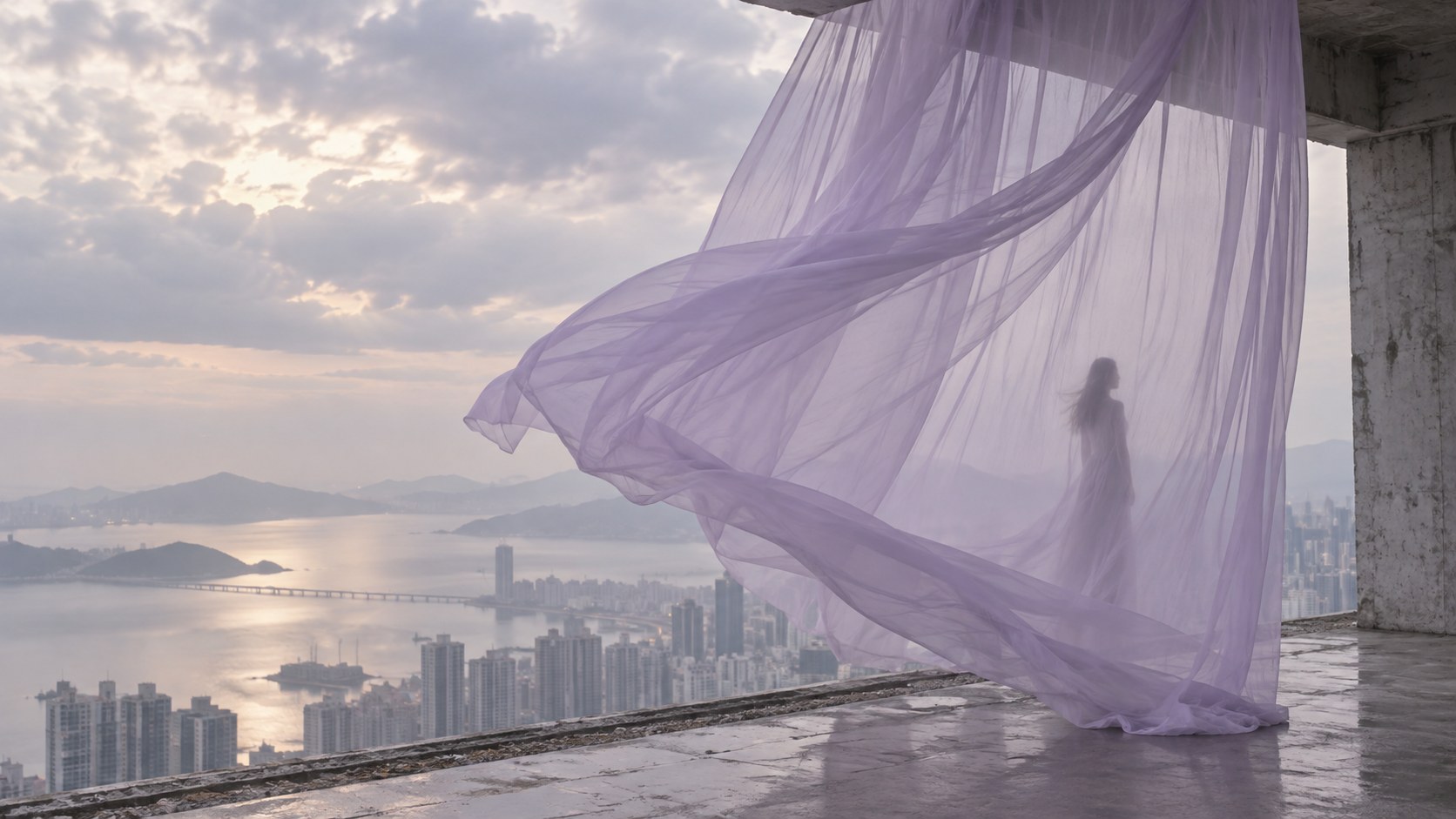 A lilac veil billows across a terrace above a hazy coastal city, a faint figure standing behind it.
