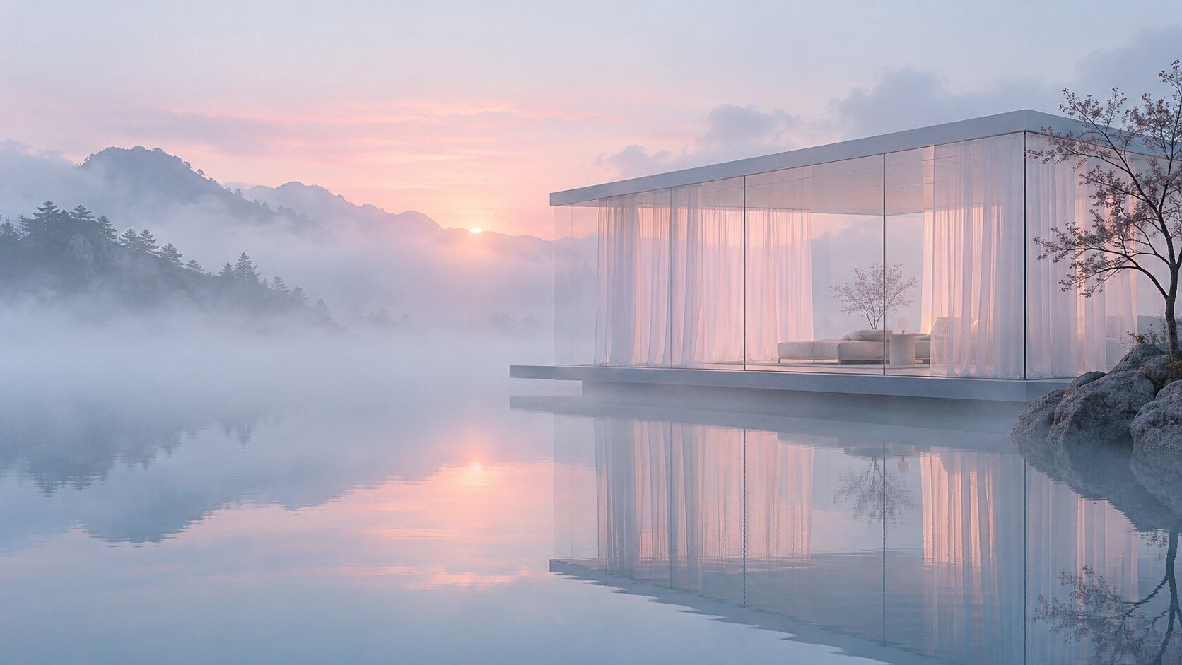 A glass pavilion hung with white curtains sits on a still lake in fog at sunrise.