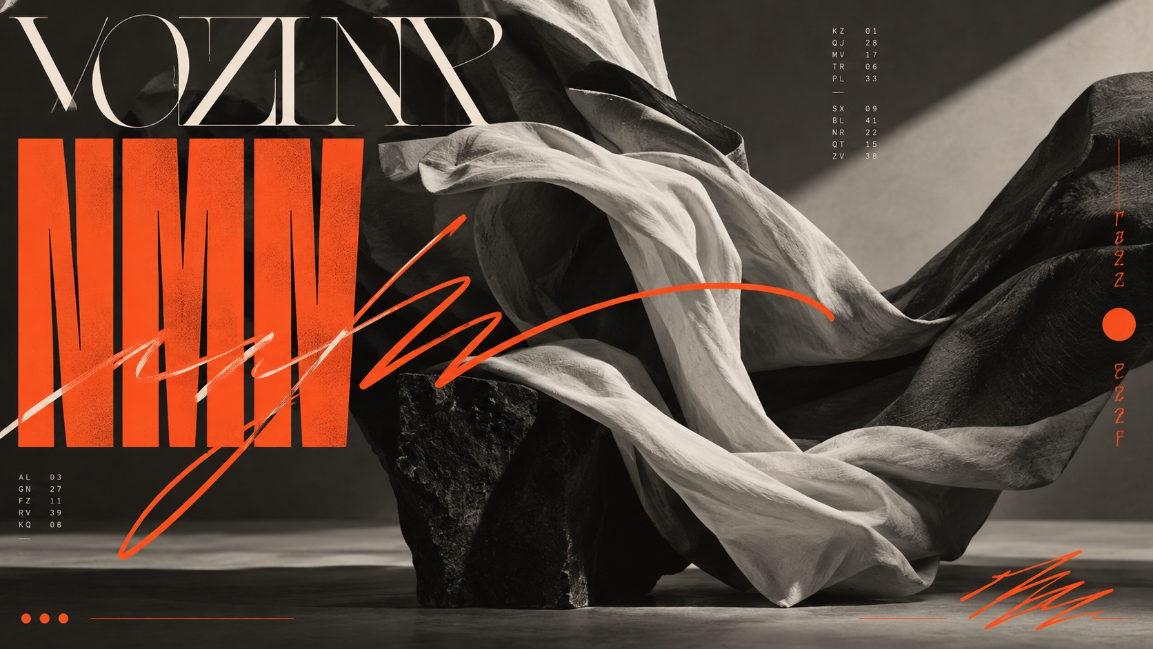 Thin engraved capitals, a heavy orange sans and an orange script run across a black and white photograph of falling cloth.