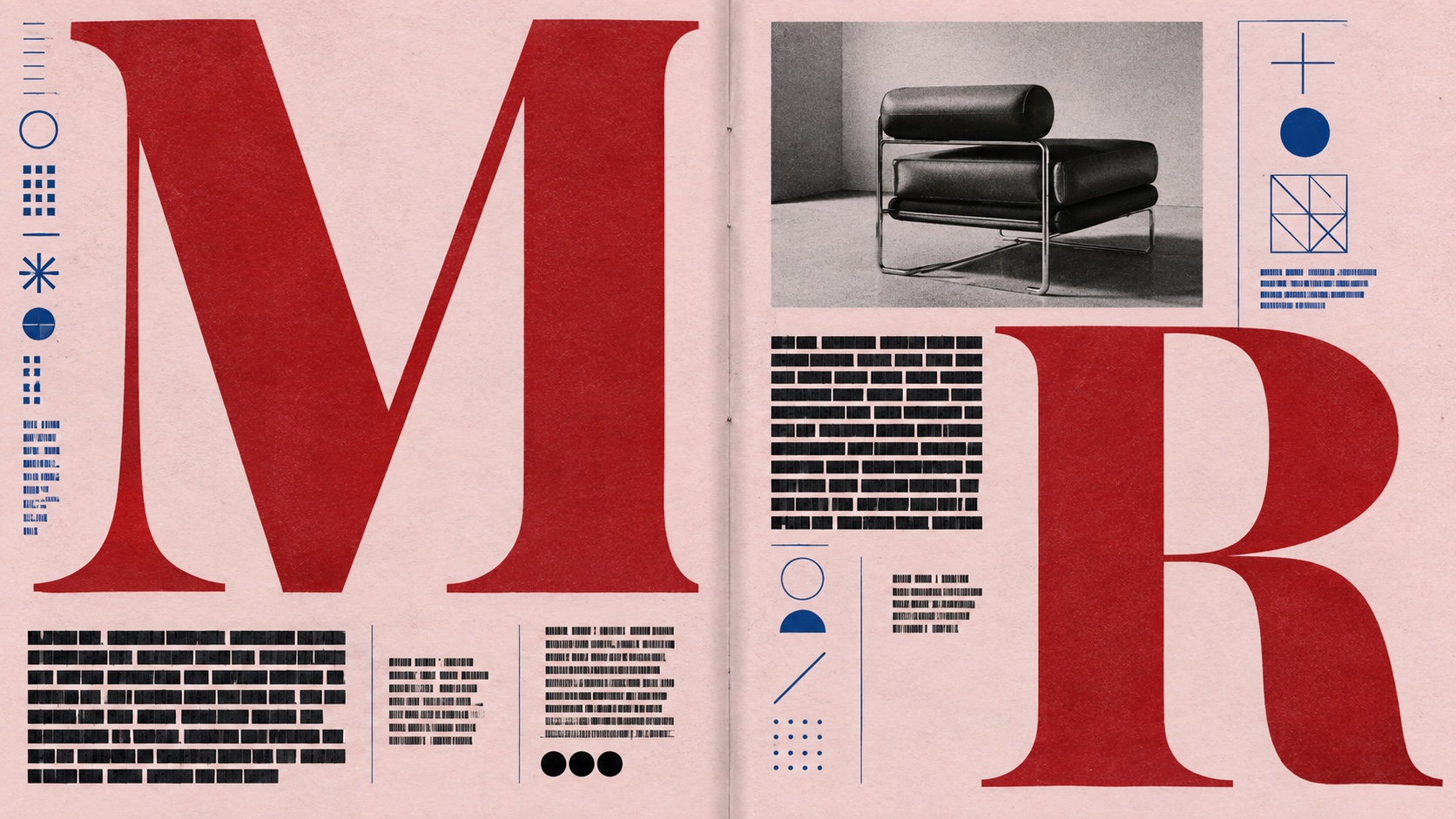 A blush magazine spread with an oversized red M and R, dense grey text columns, small symbols and a photograph of a leather chair.