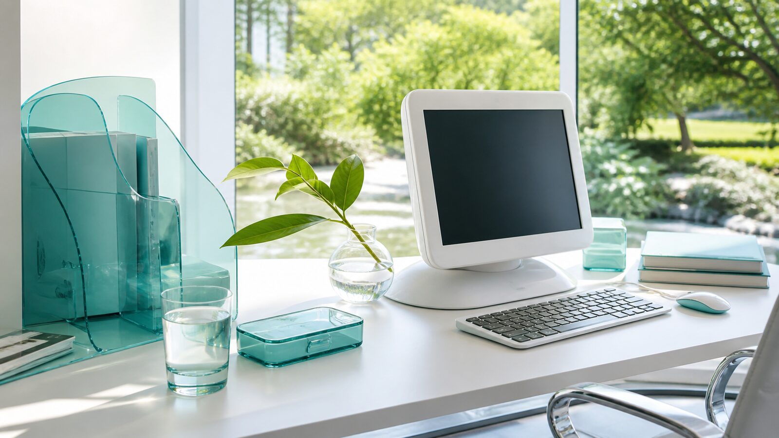 Frutiger Aero aesthetic: Workspace dossier scene