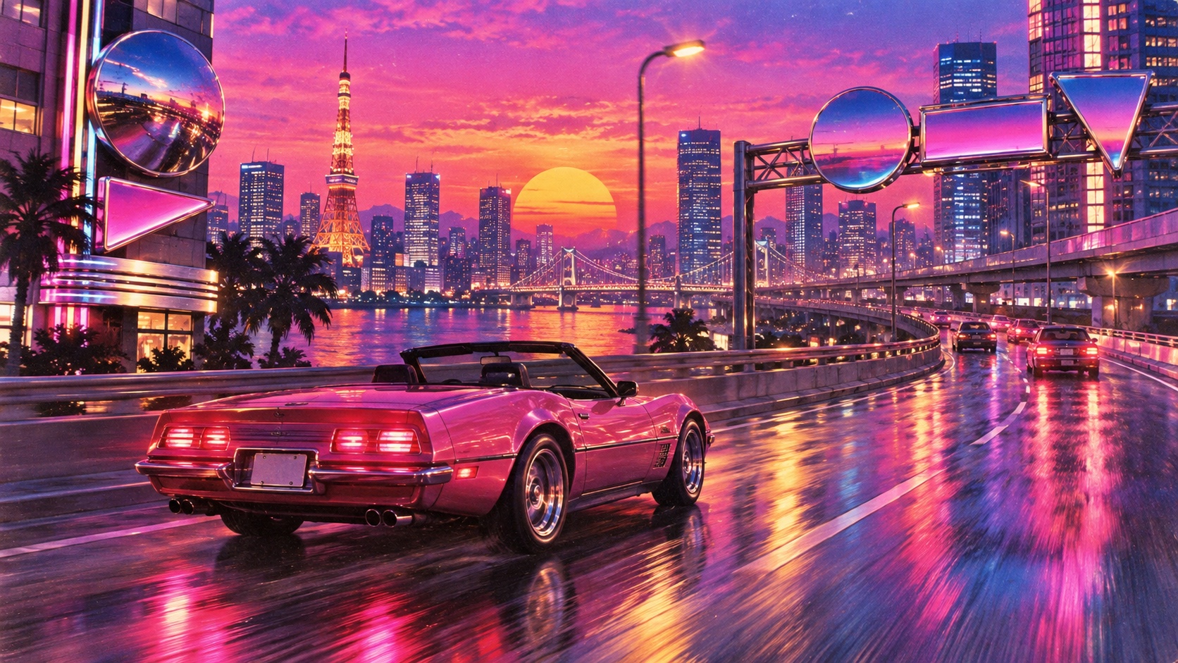 A red convertible on a wet road at sunset, palms and a distant skyline in magenta and cyan.
