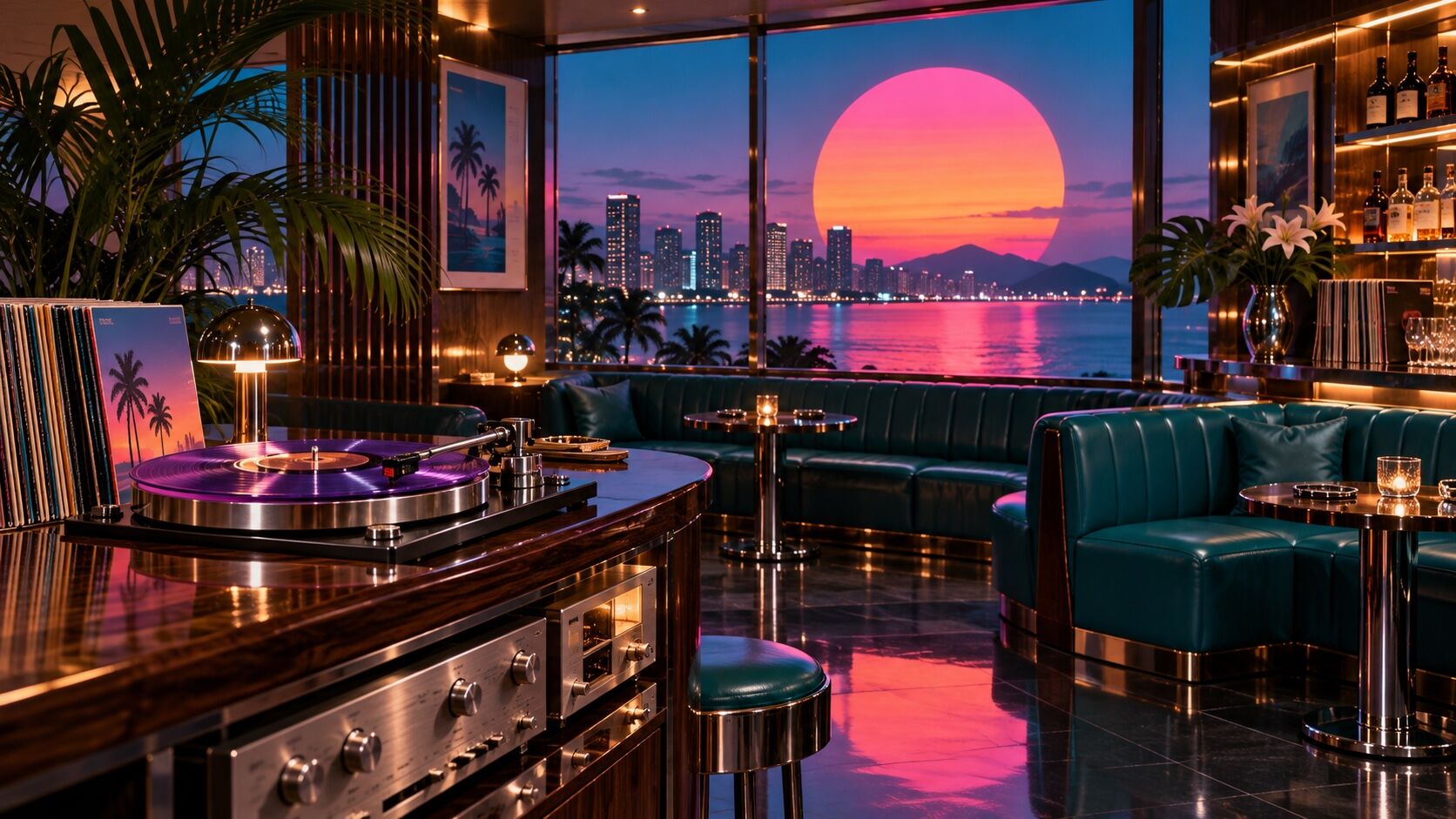 A dim listening bar with a turntable, green velvet booths and a sunset window over the bay.