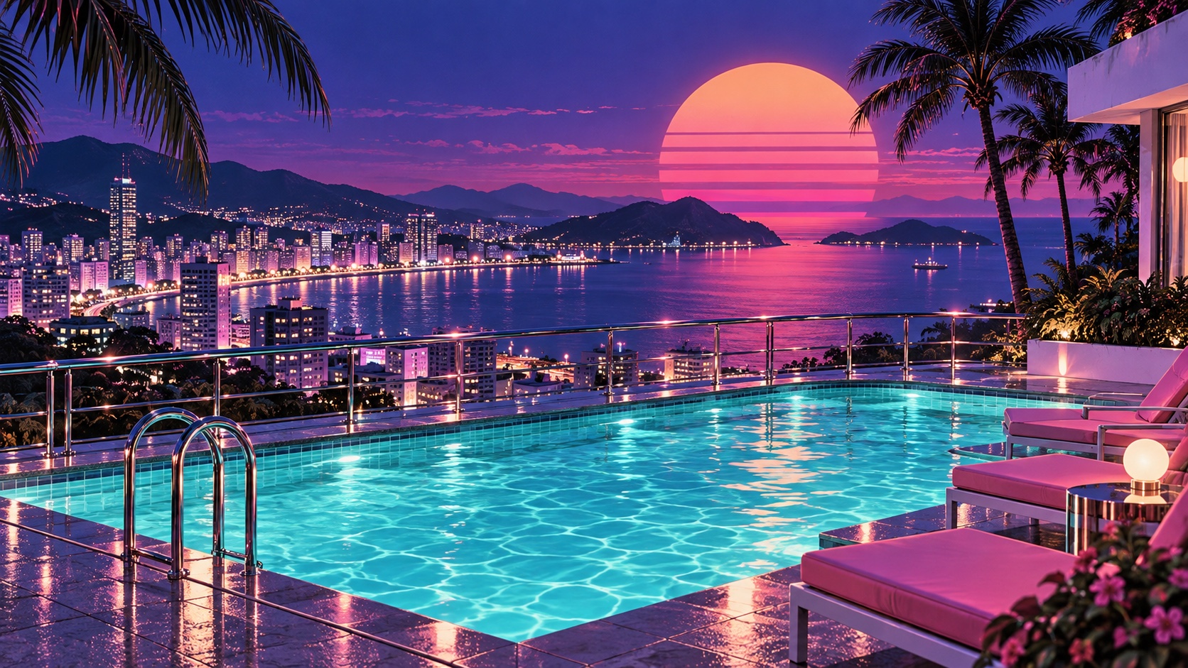 A lit rooftop pool at dusk with palms and loungers, a huge pink sun behind the skyline.