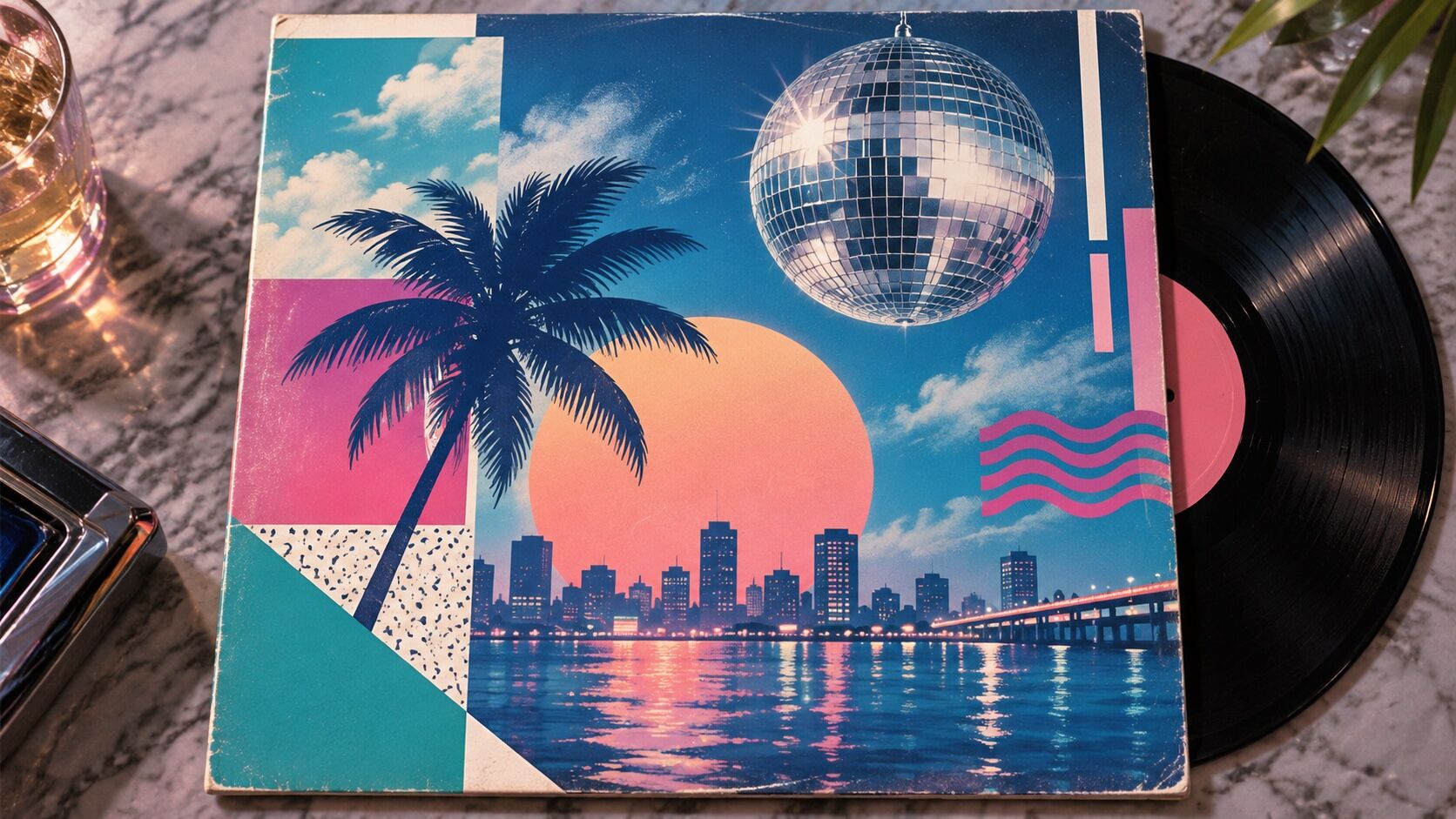 A record sleeve with a palm, a mirror ball and a skyline, the vinyl half pulled out of it.