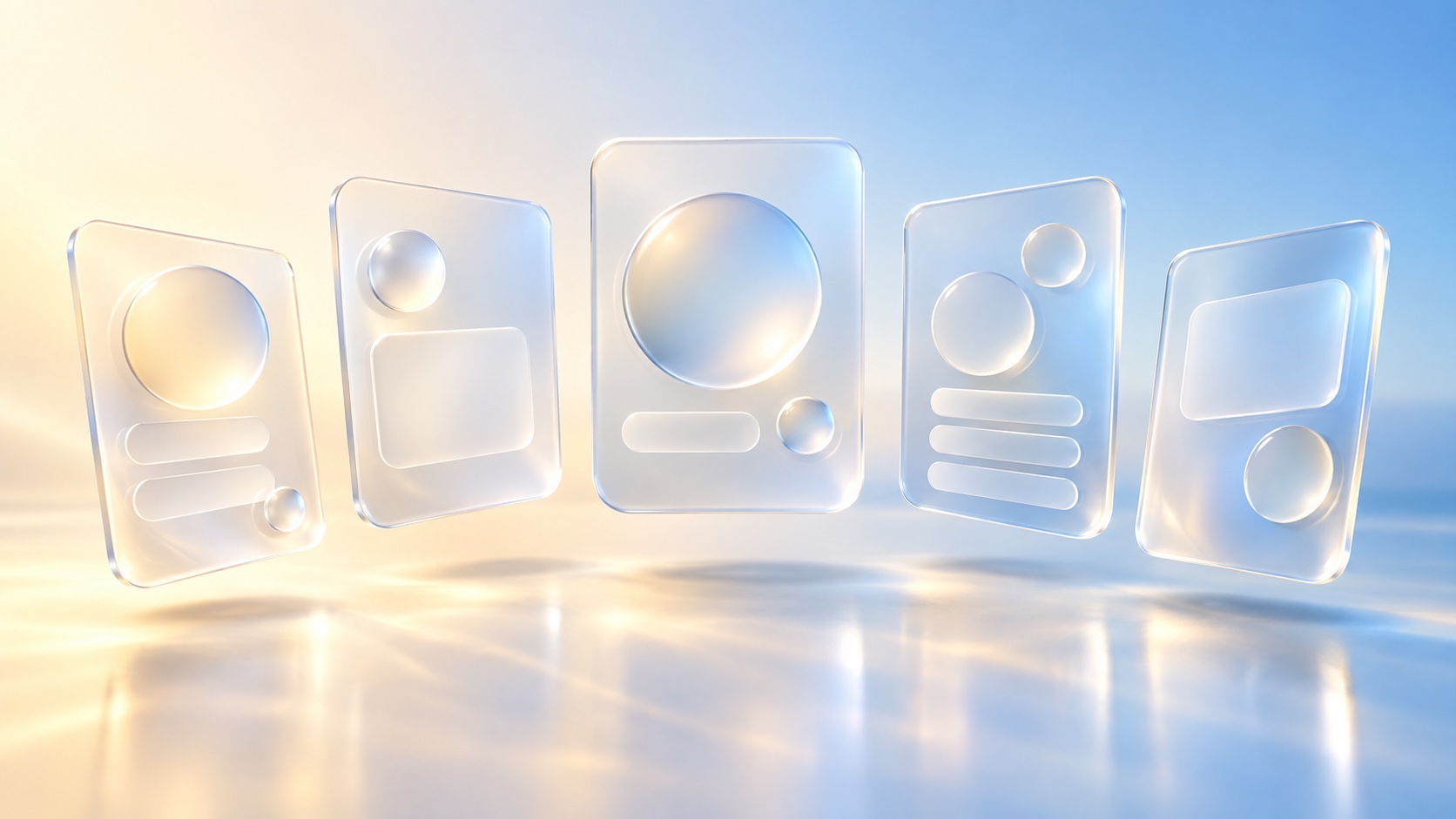 A row of five frosted glass cards with soft icons standing on a pale reflective floor in cool light.