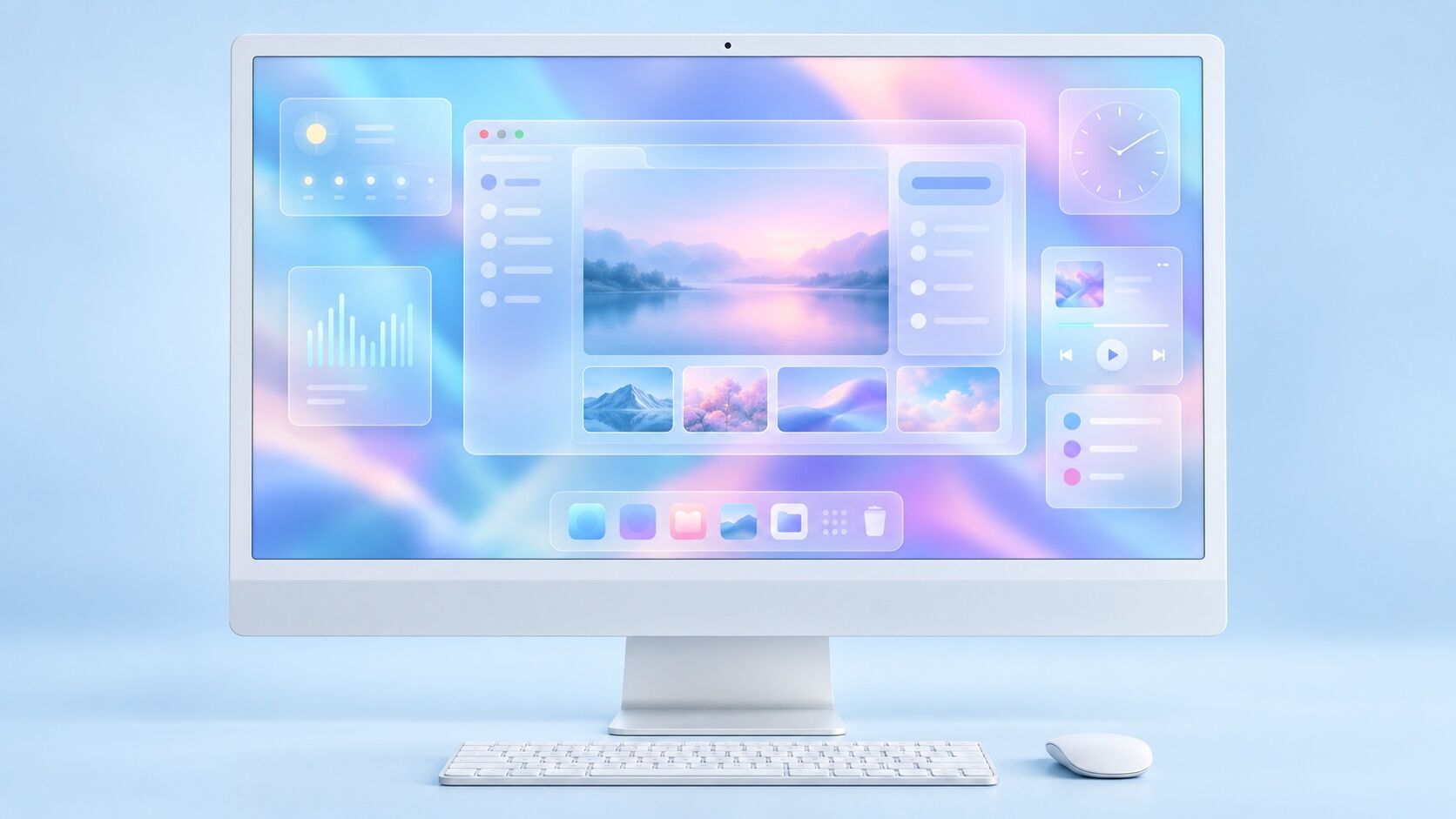 A white desktop computer showing frosted glass windows and widgets over a pink and lilac landscape wallpaper.