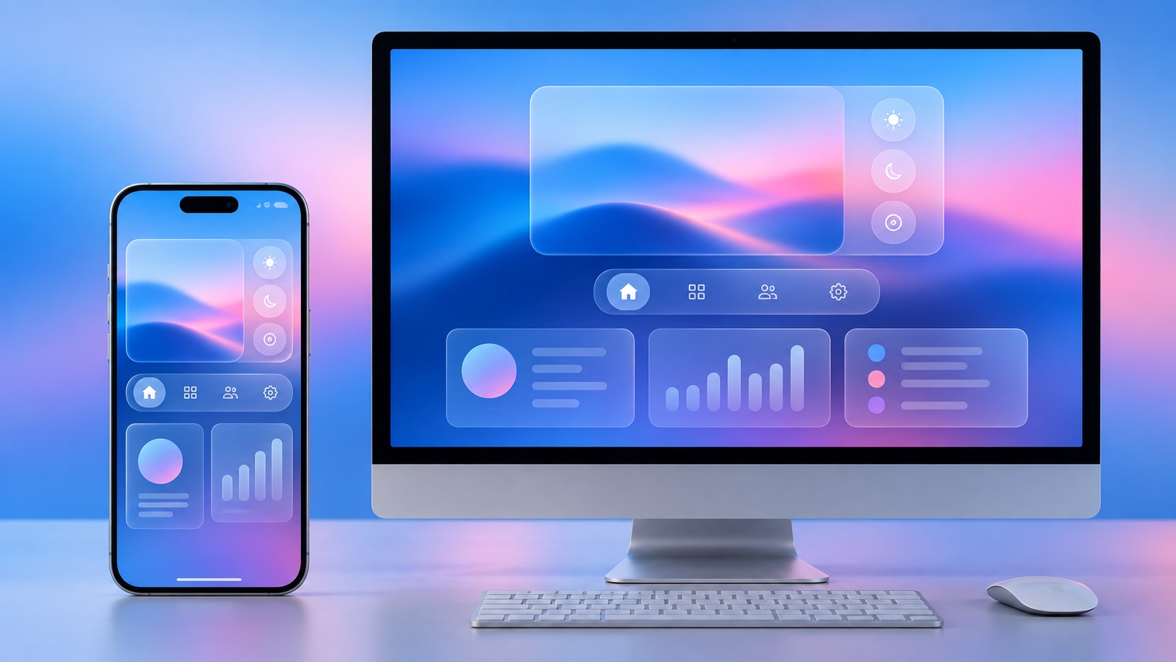 A phone and a desktop monitor side by side, both showing translucent glass dashboards over soft blue and violet gradients.